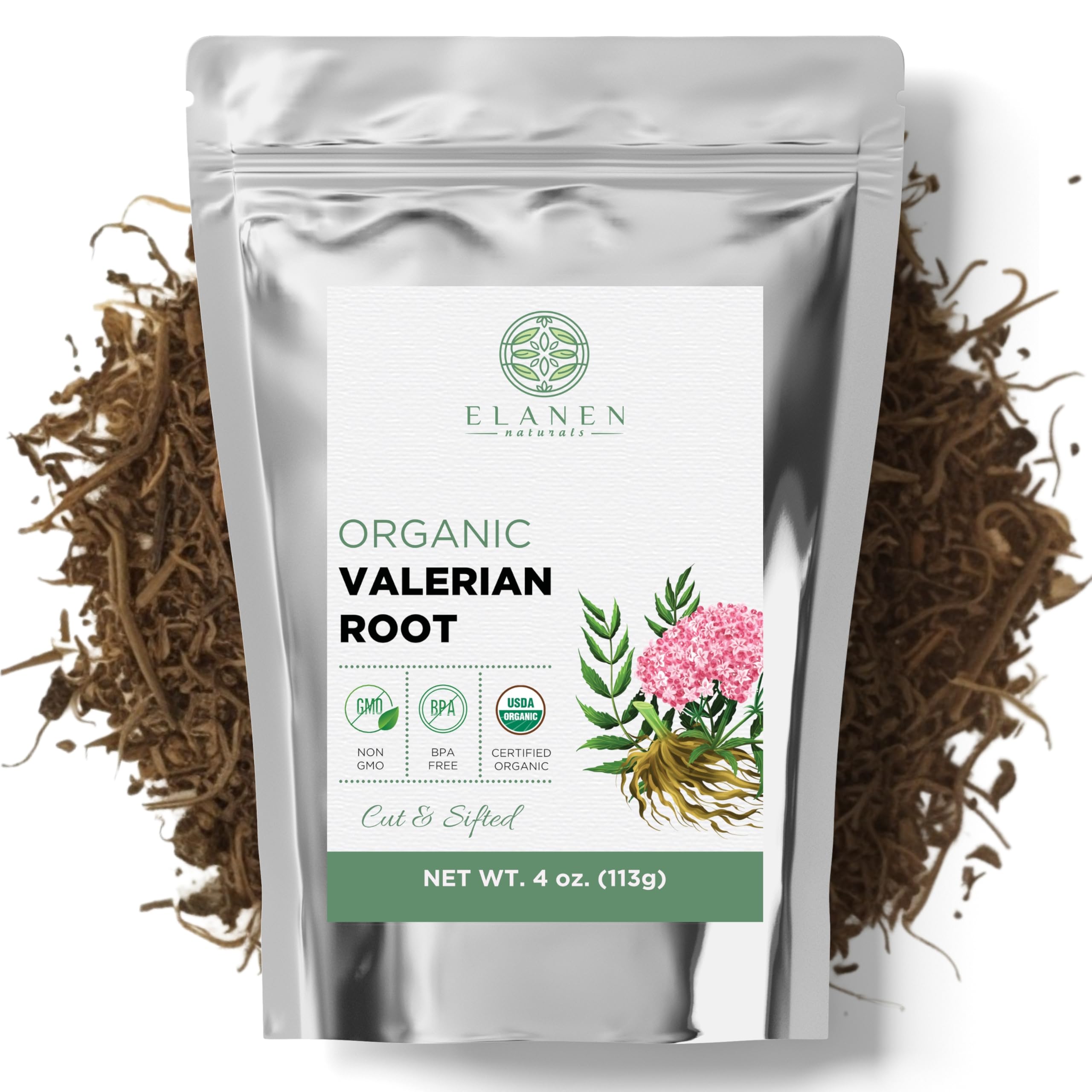 Elanen Naturals valerian root packaging front shows organic quality for a calming tea base