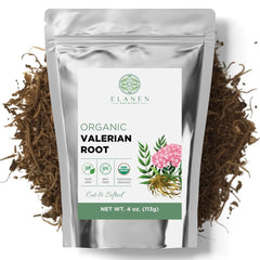 Elanen Naturals valerian root packaging front shows organic quality for a calming tea base