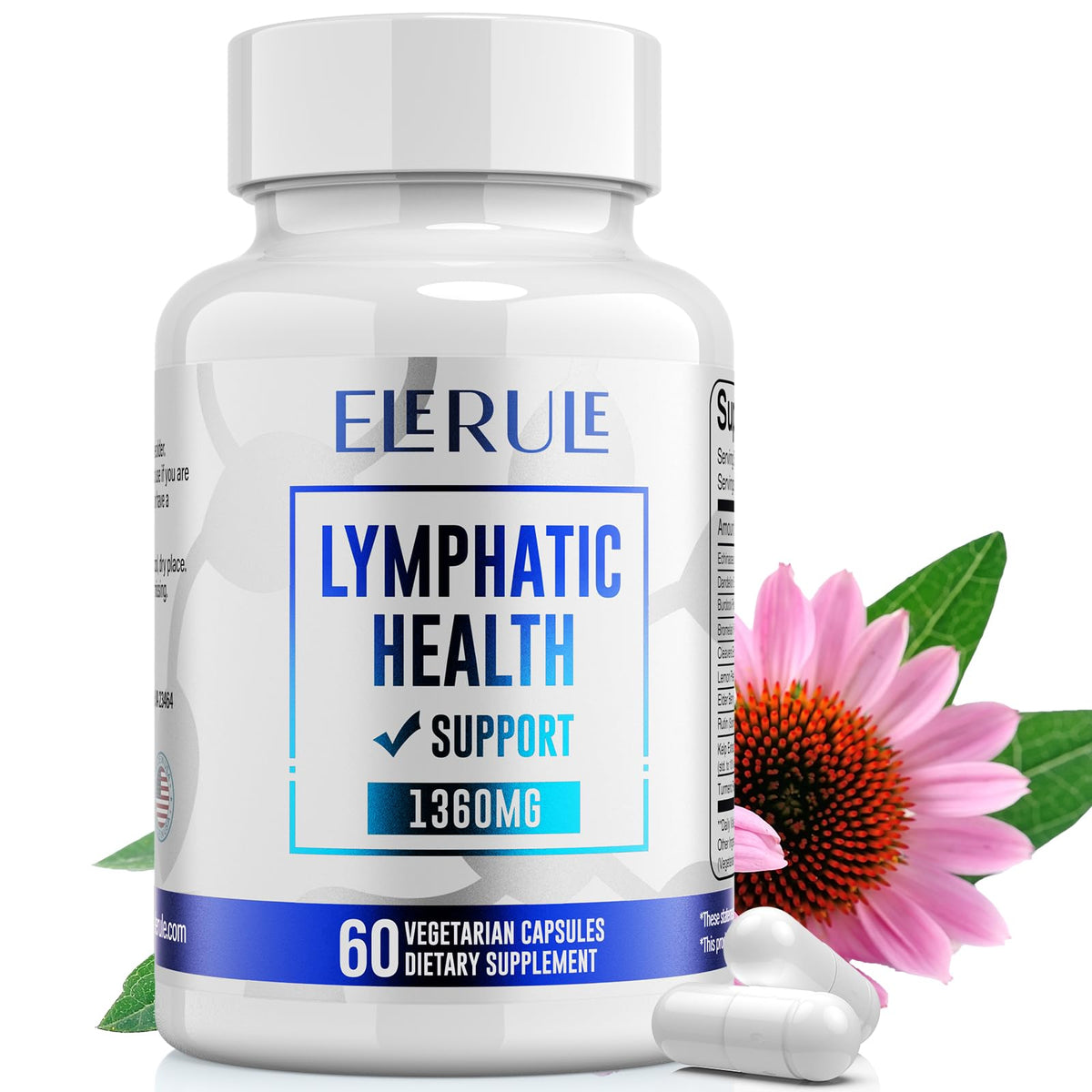 ELERULE lymphatic-support capsules bottle on counter, convenient daily wellness ritual.