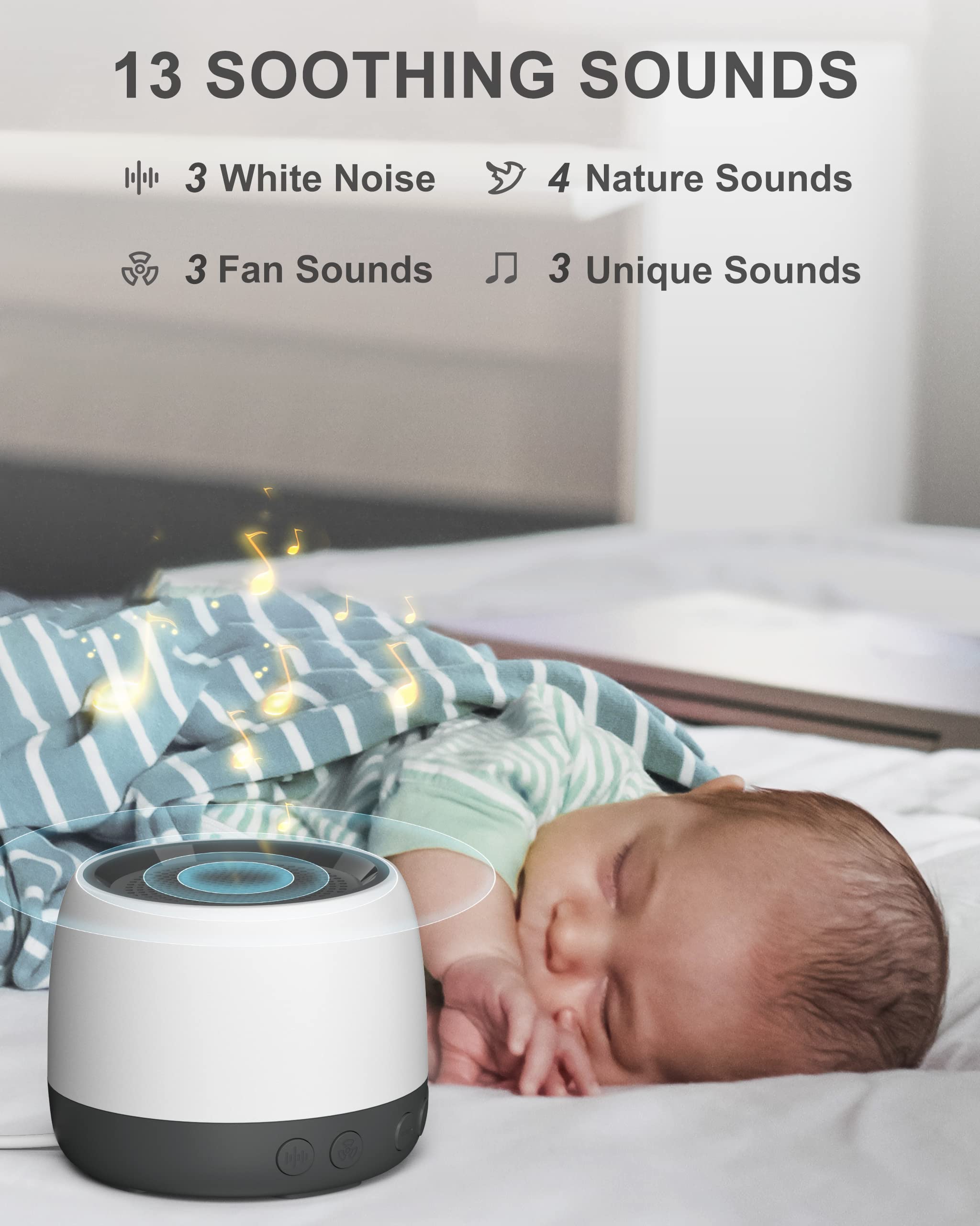 Elesories white noise machine in nursery use helps baby settle and drift off