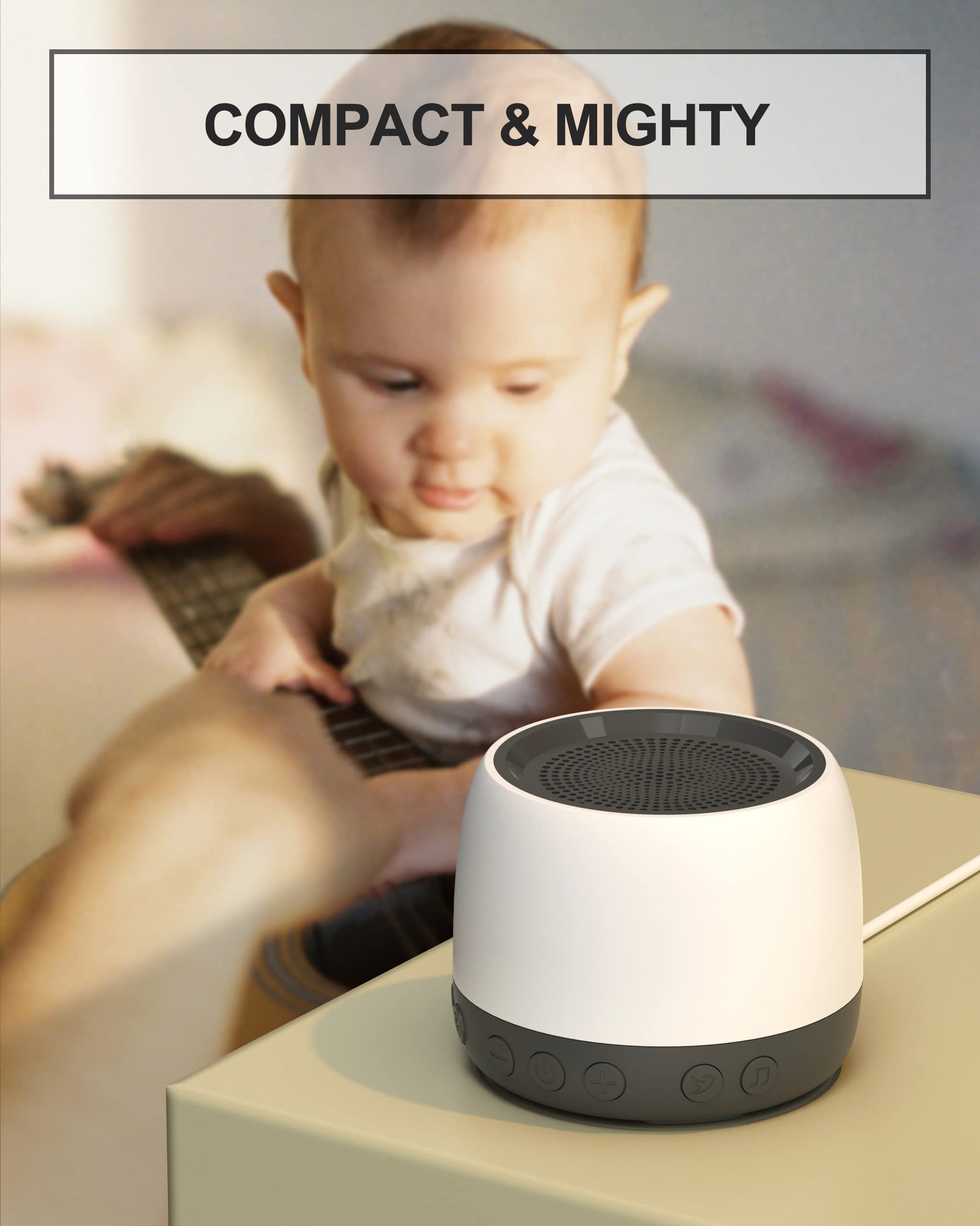 Elesories white noise machine showing 13 sound options for immersive nature and lullaby tones