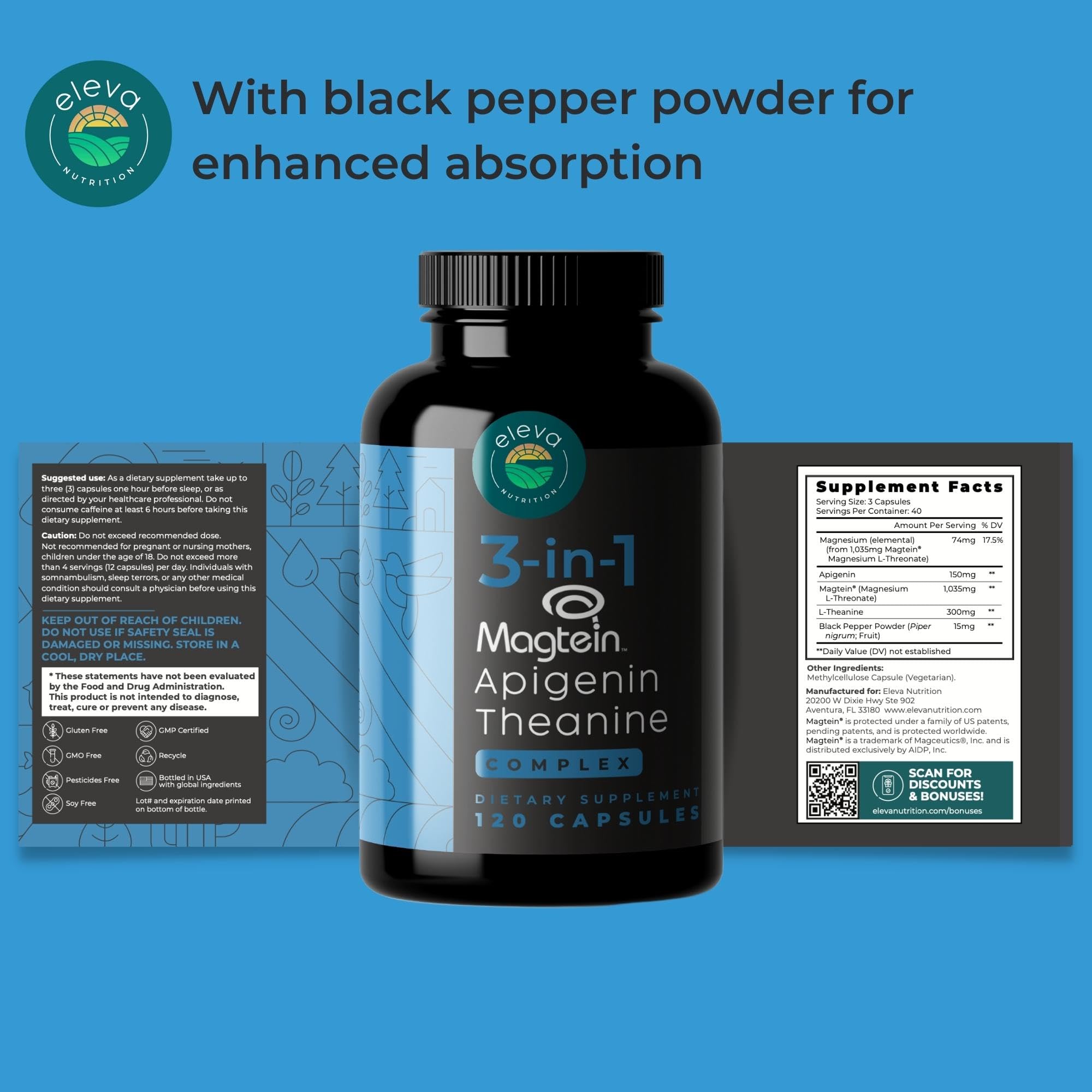 Eleva Nutrition ingredients glass bottle top shot highlights vegan, non-GMO formula.