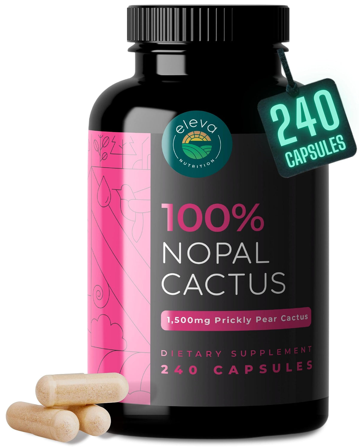 Eleva Nutrition Nopal Cactus Capsules: organic sun-dried cactus powder supporting daily fiber and minerals.