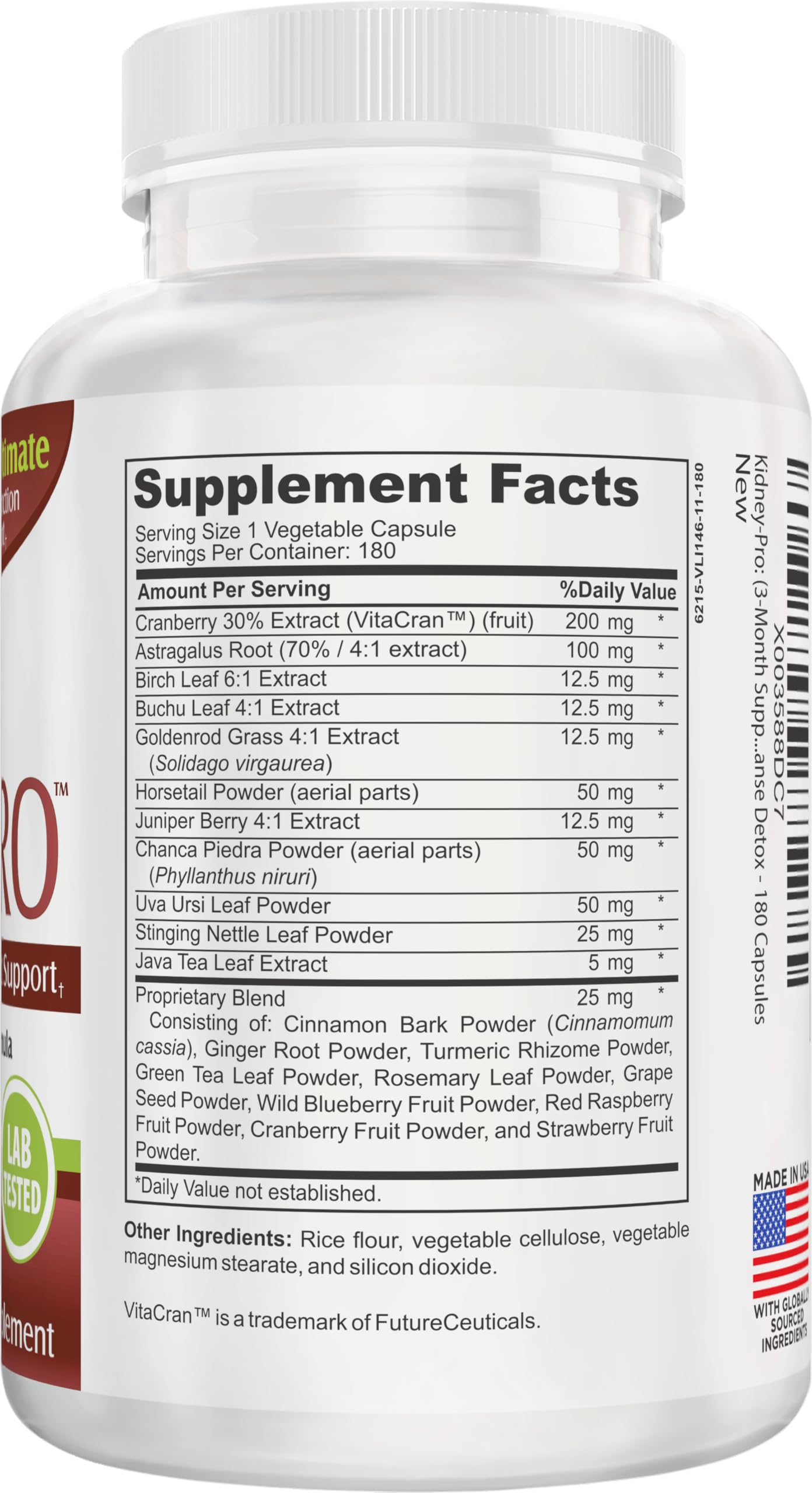 KidneyPRO bottle label displaying 21-ingredient herbal formula