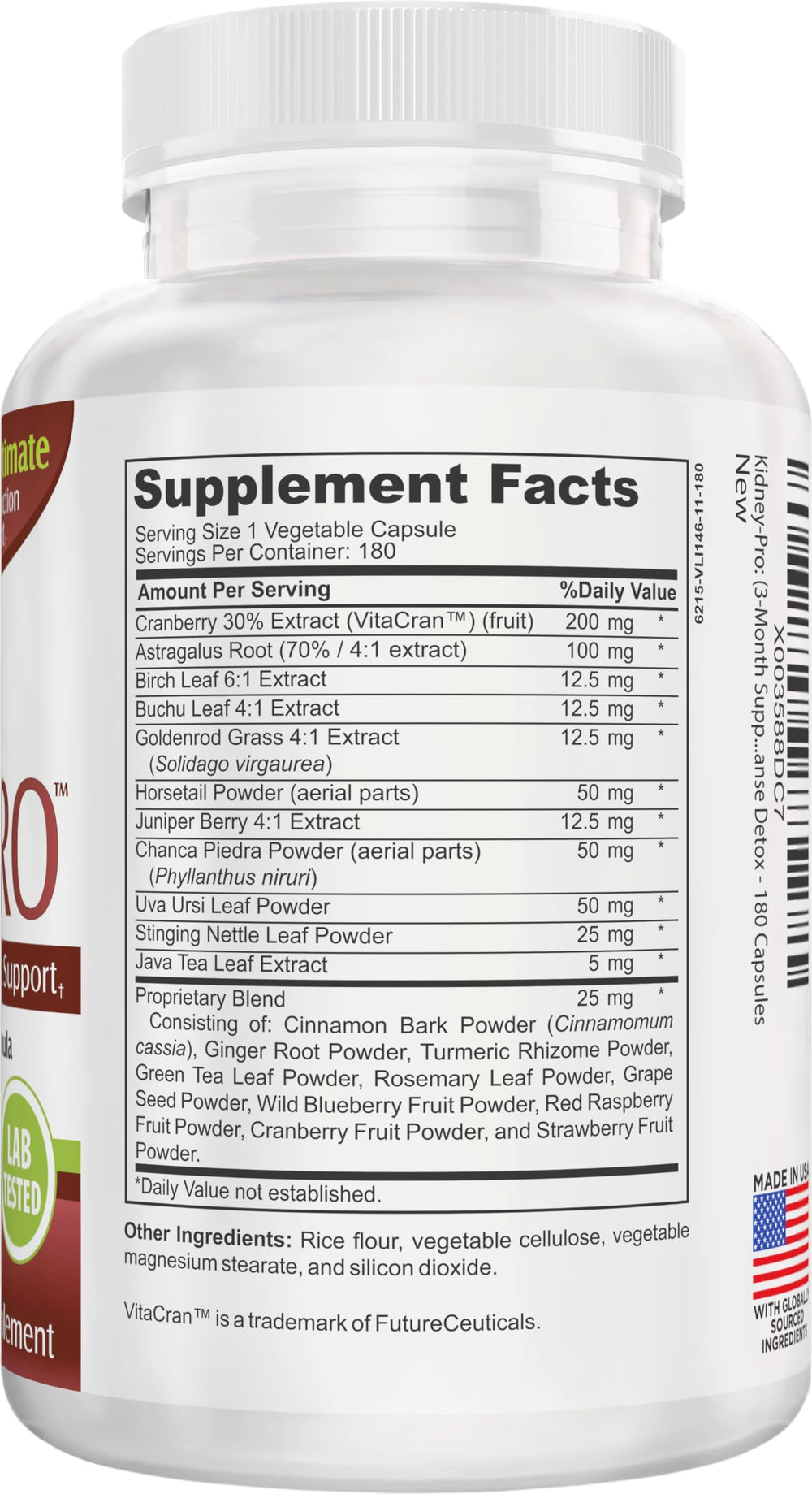 KidneyPRO bottle label displaying 21-ingredient herbal formula