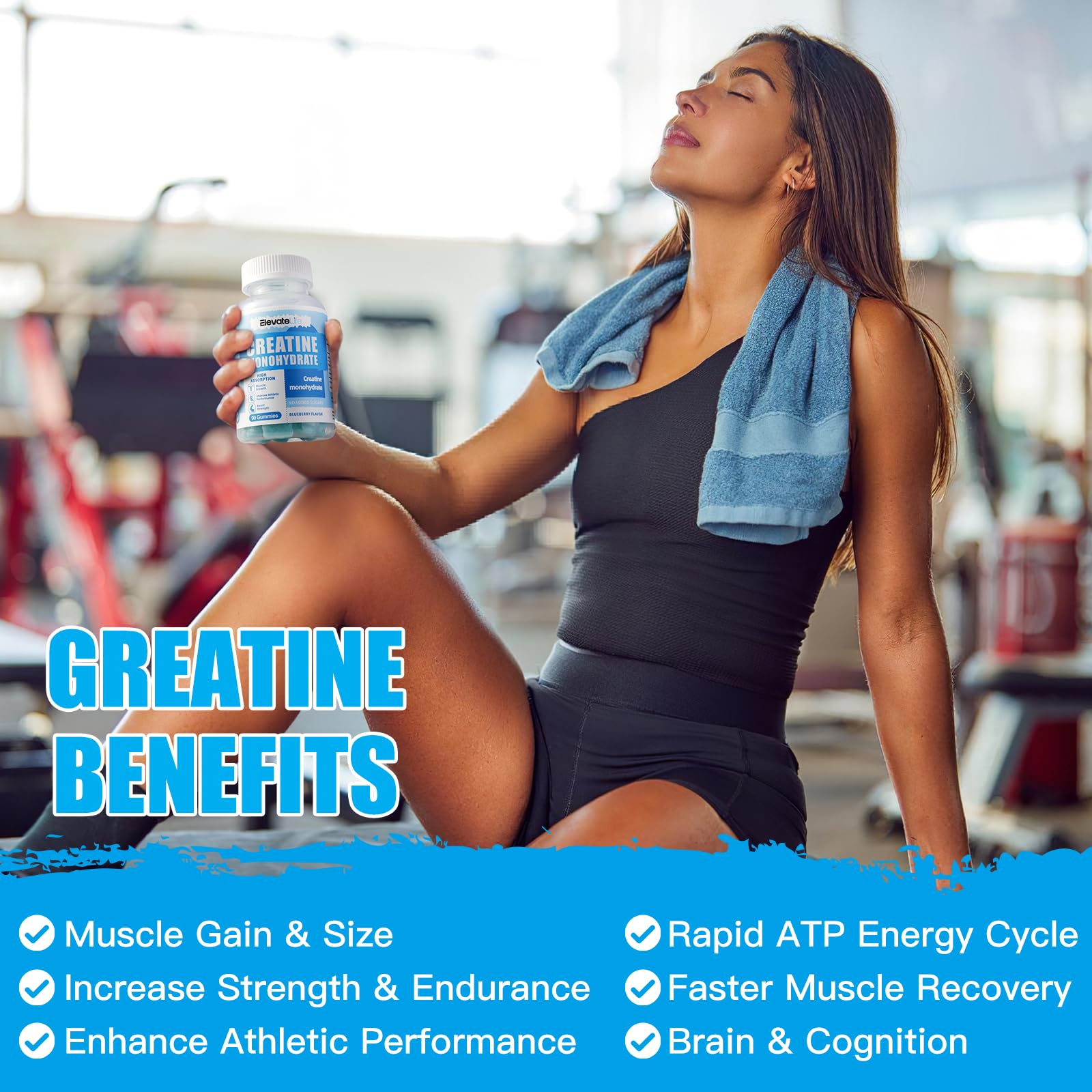 Athlete in gym taking ElevateLife gummies as a quick energy boost.