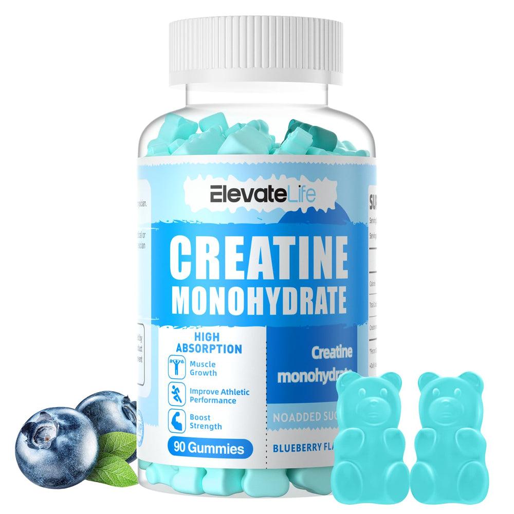ElevateLife Creatine Monohydrate Gummies blueberry bottle front for pre-workout energy.