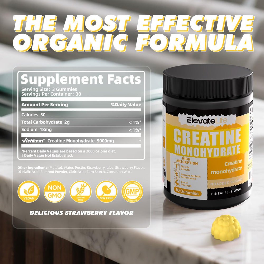 ElevateLife Creatine Monohydrate Gummies bottle in gym bag for pre-workout use