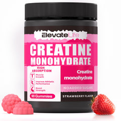ElevateLife Creatine Monohydrate Gummies bottle displayed for daily workout support.
