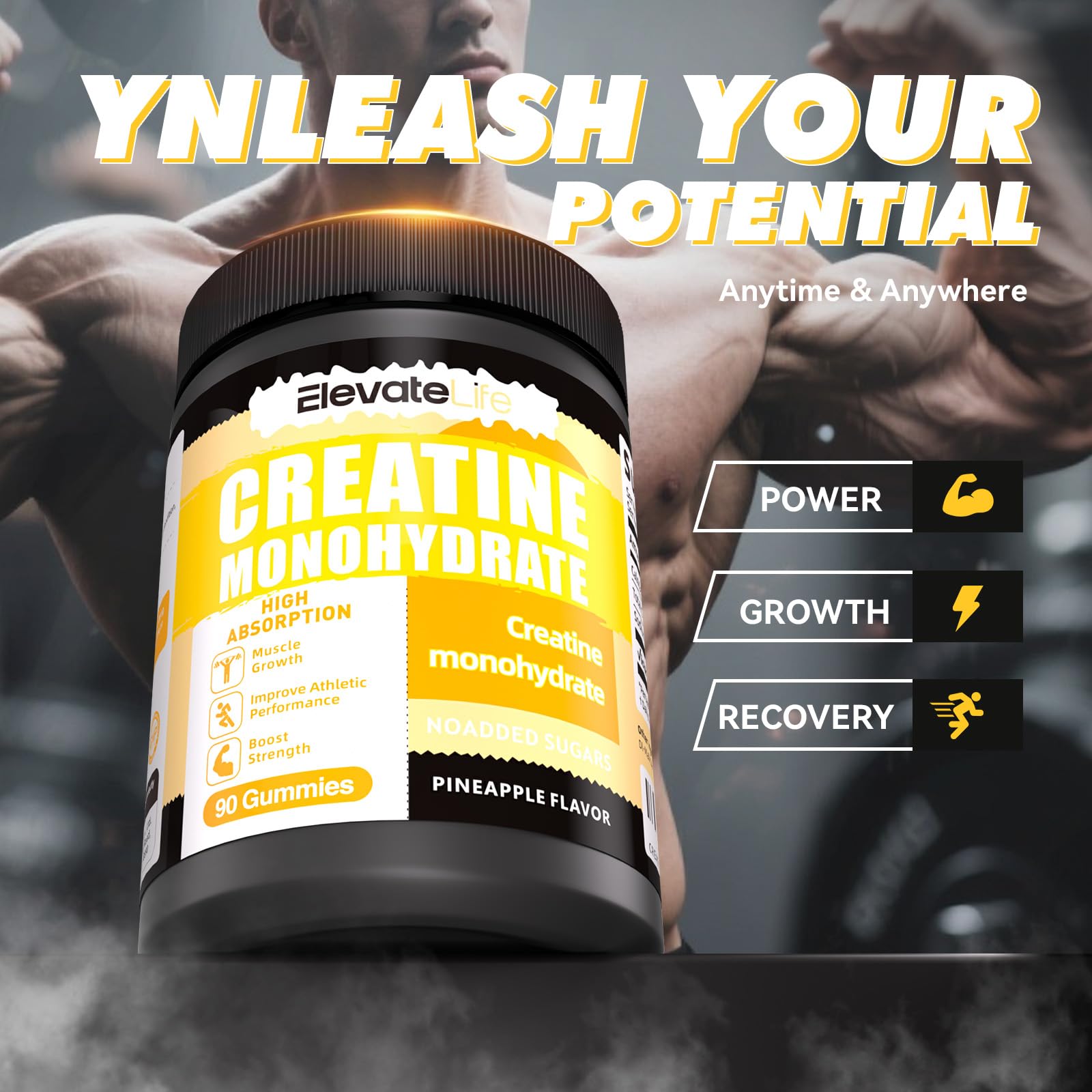 ElevateLife Creatine Monohydrate Gummies gluten-free badge on packaging