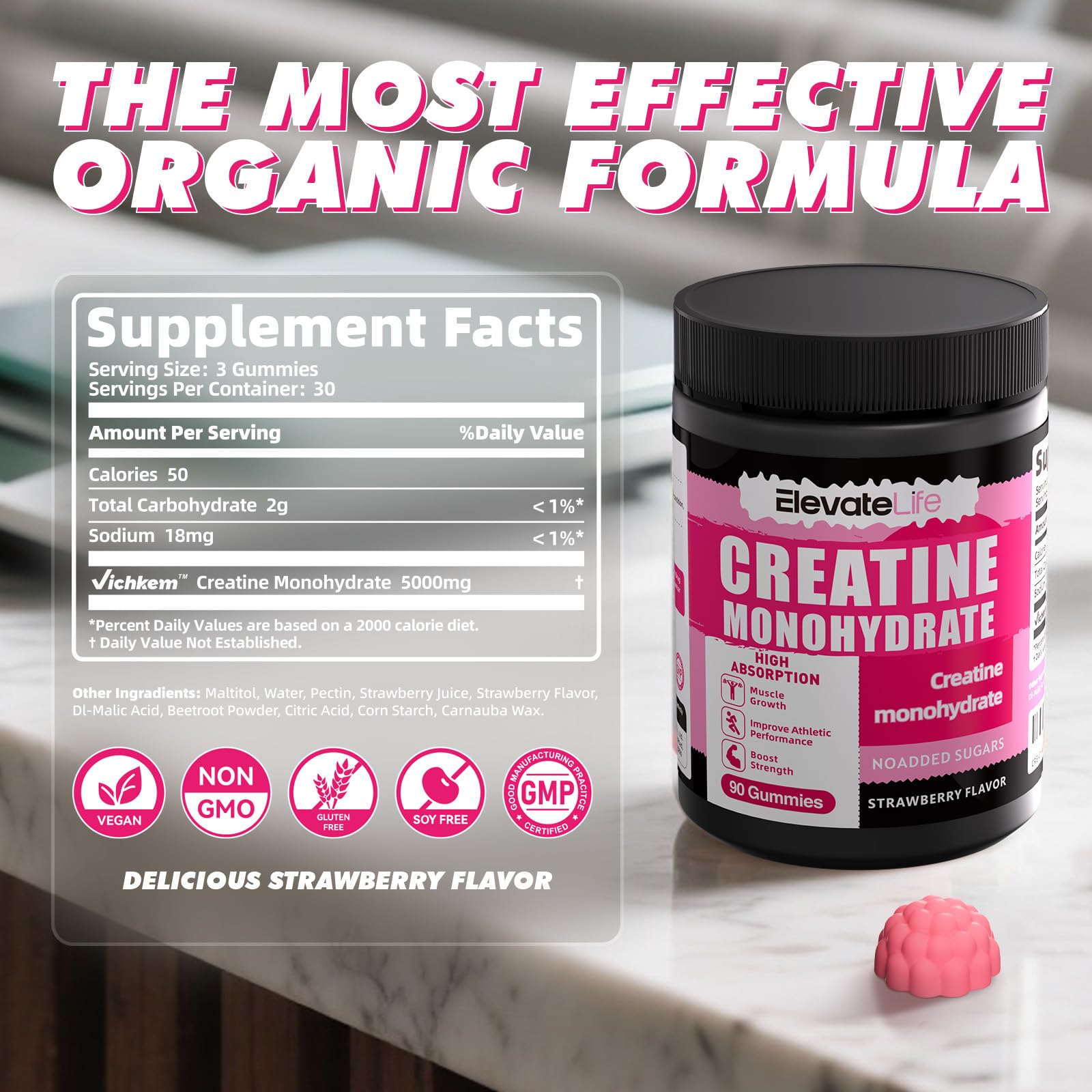 Chewable gummies held in hand illustrating convenient consumption before workouts.