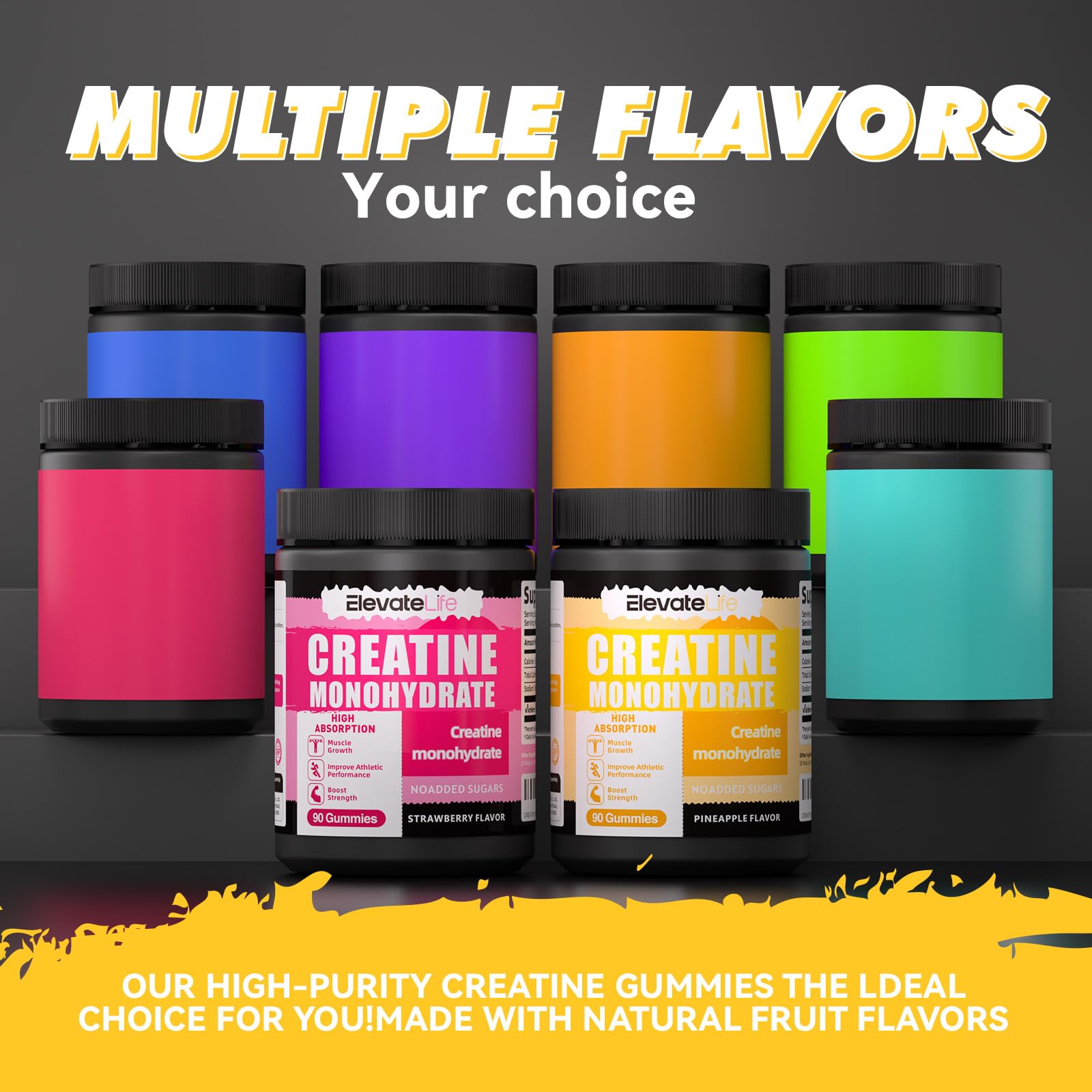 ElevateLife Creatine Monohydrate Gummies sealed bottle beside workout gear