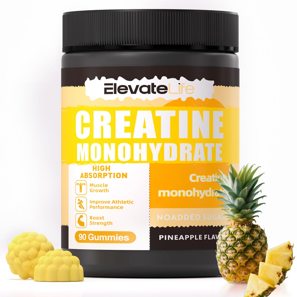 ElevateLife Creatine Monohydrate Gummies bottle front view with pineapple flavor for daily energy