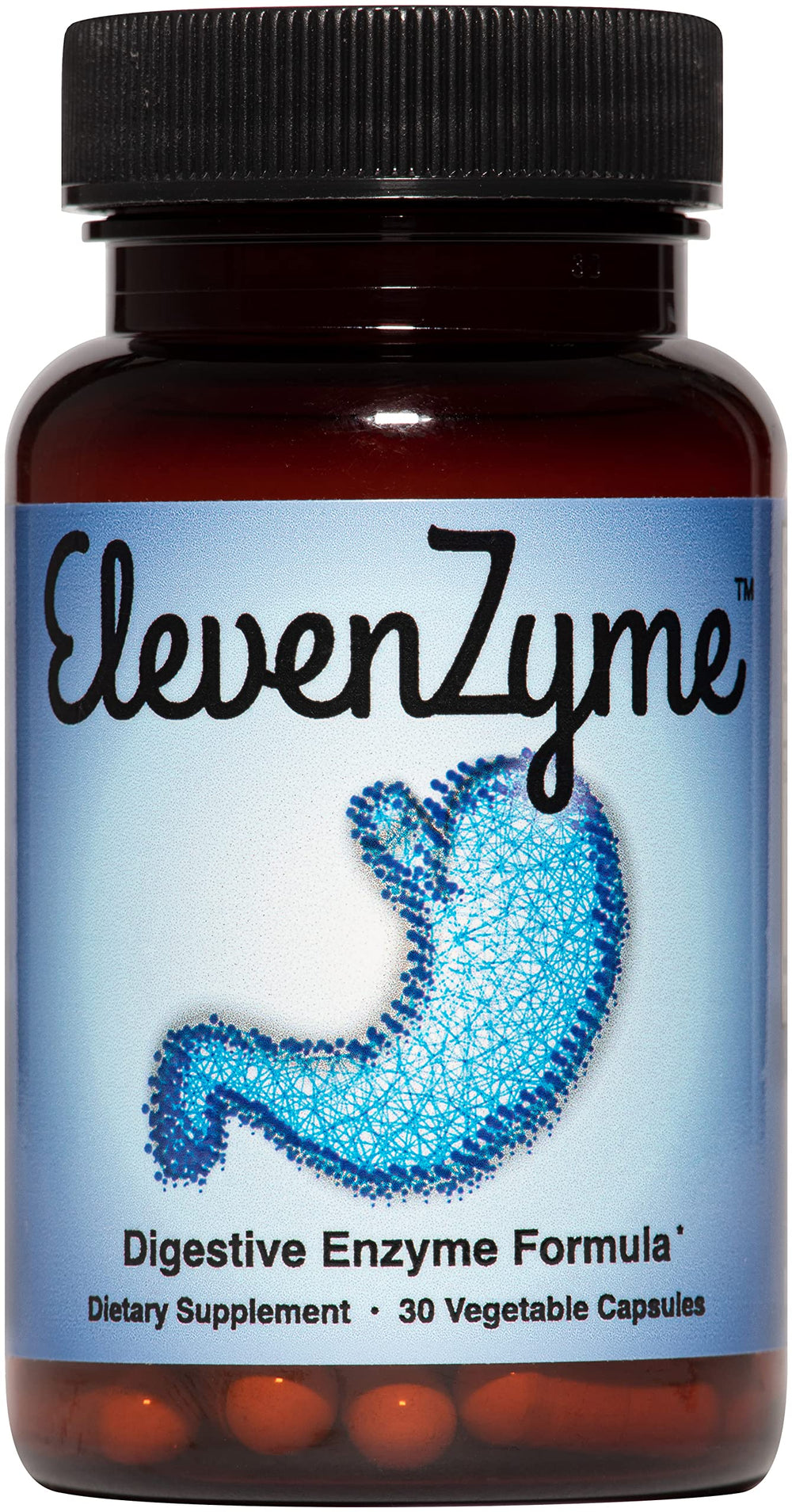 ElevenZyme bottle on table supporting post-meal comfort.