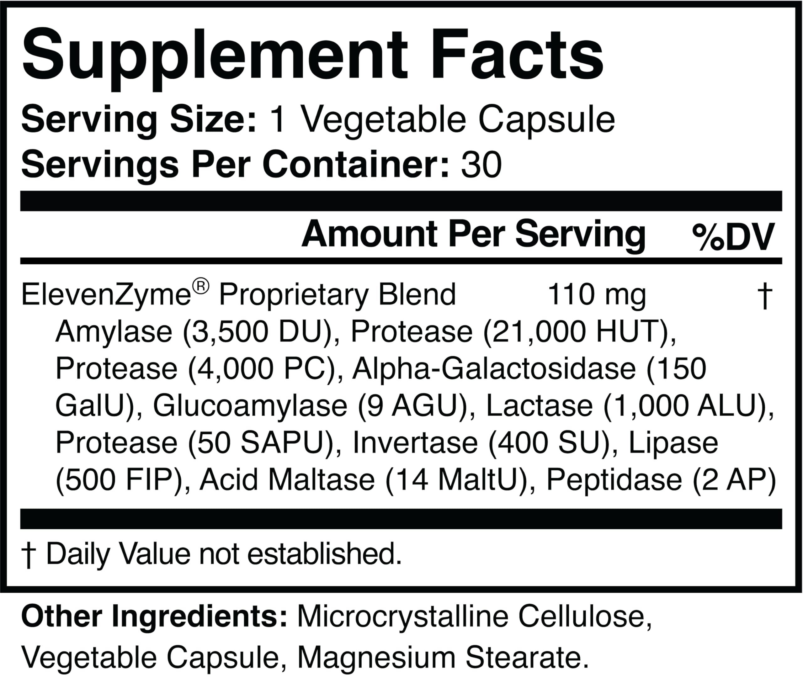 ElevenZyme label closeup highlighting vegan, non-GMO formula.