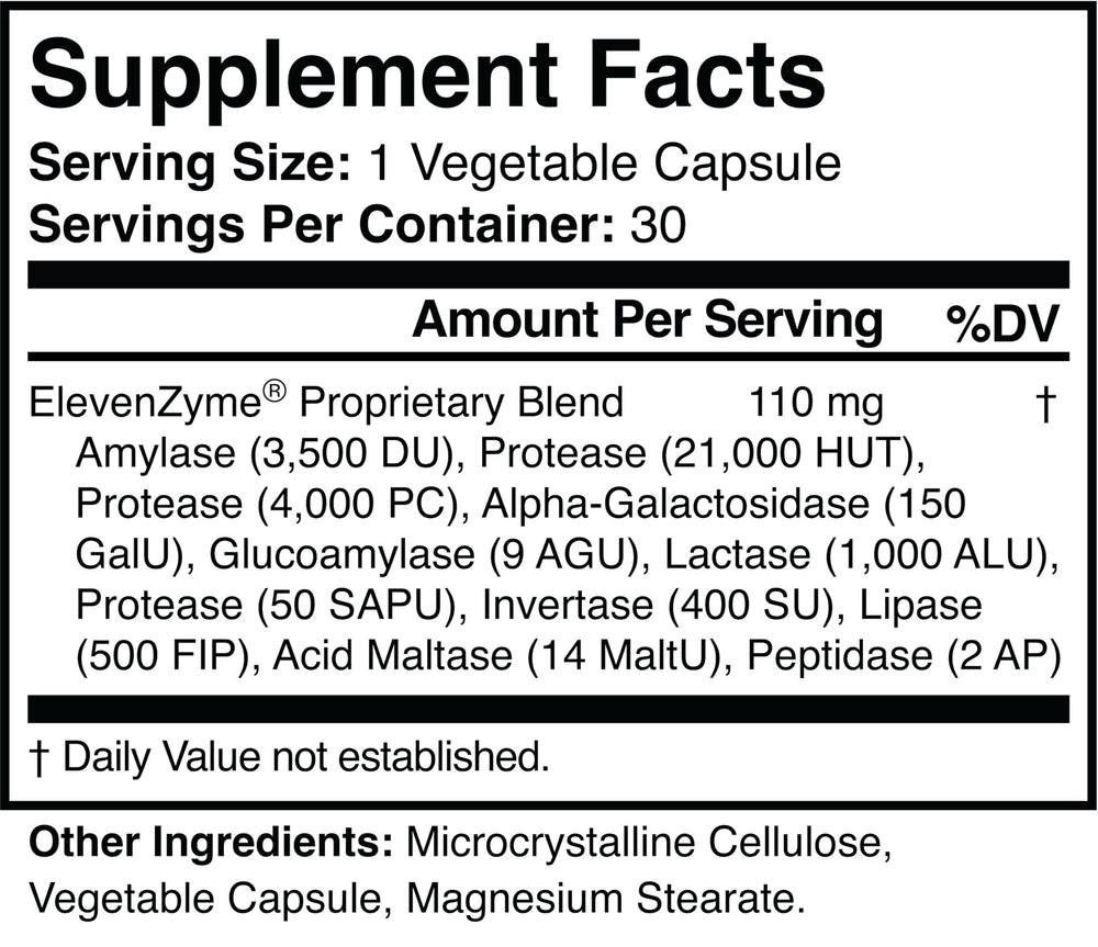 ElevenZyme label closeup highlighting vegan, non-GMO formula.