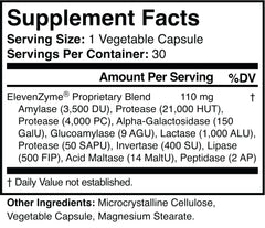 ElevenZyme label closeup highlighting vegan, non-GMO formula.