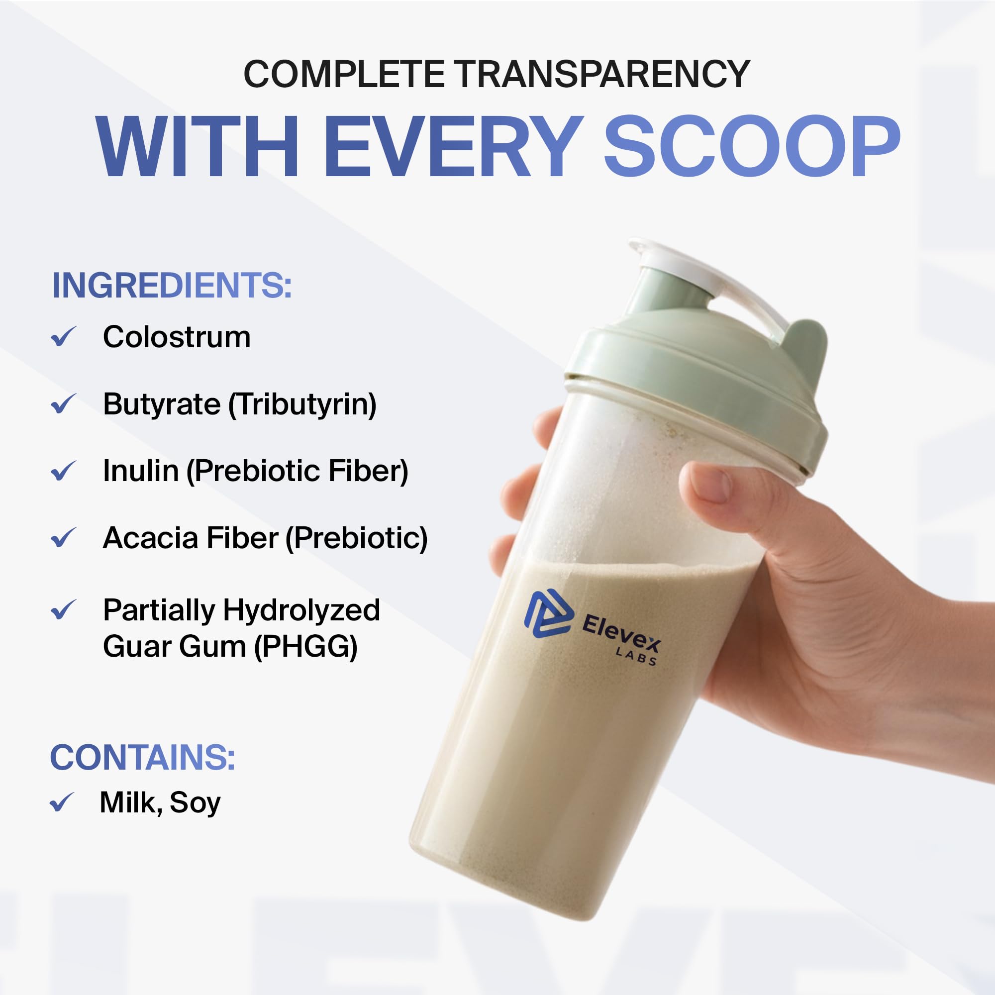 PHGG prebiotic blend visual cue within Elevex formula.