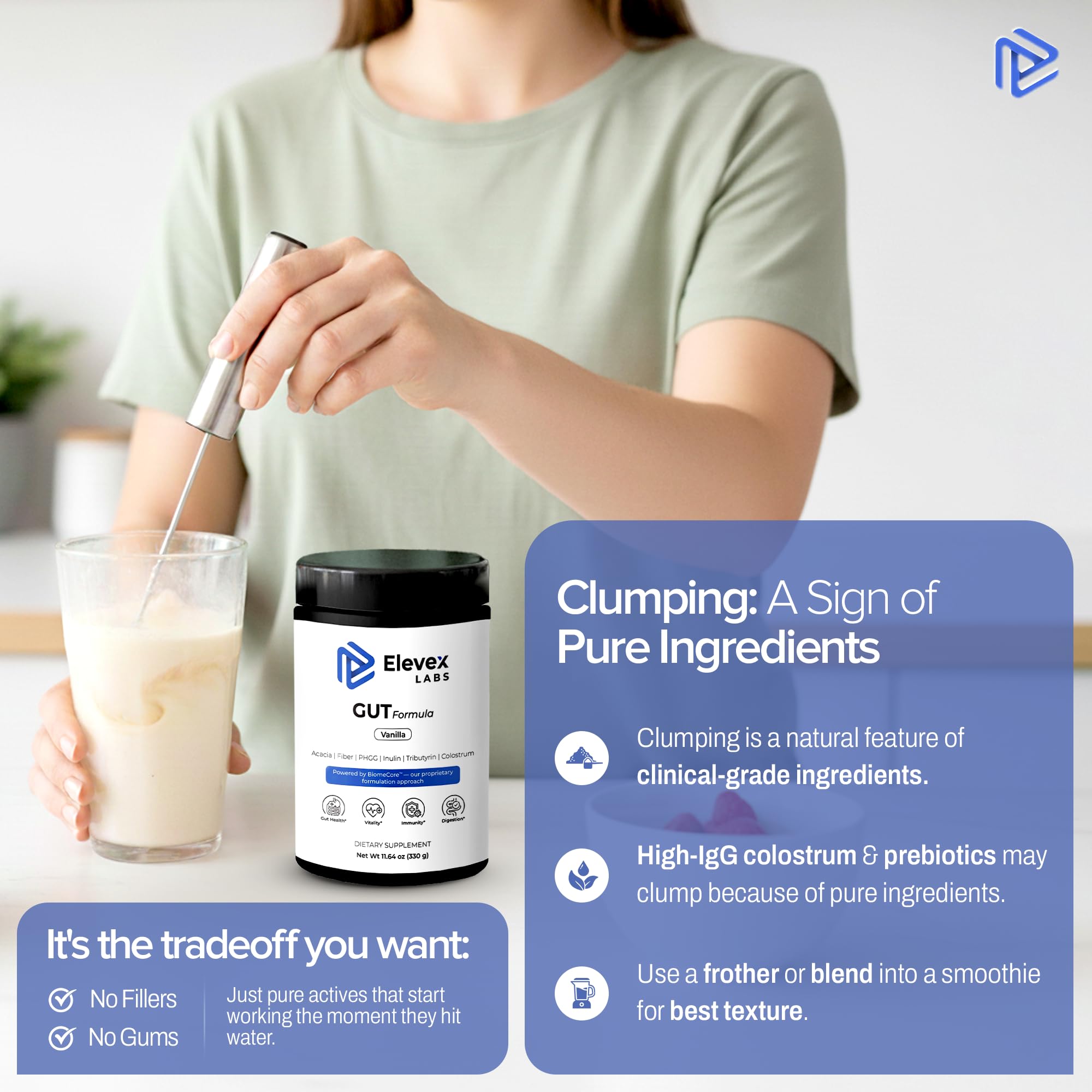 Elevex powder scoop beside a glass demonstrates easy mixing for daily use.