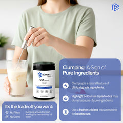 Elevex powder scoop beside a glass demonstrates easy mixing for daily use.