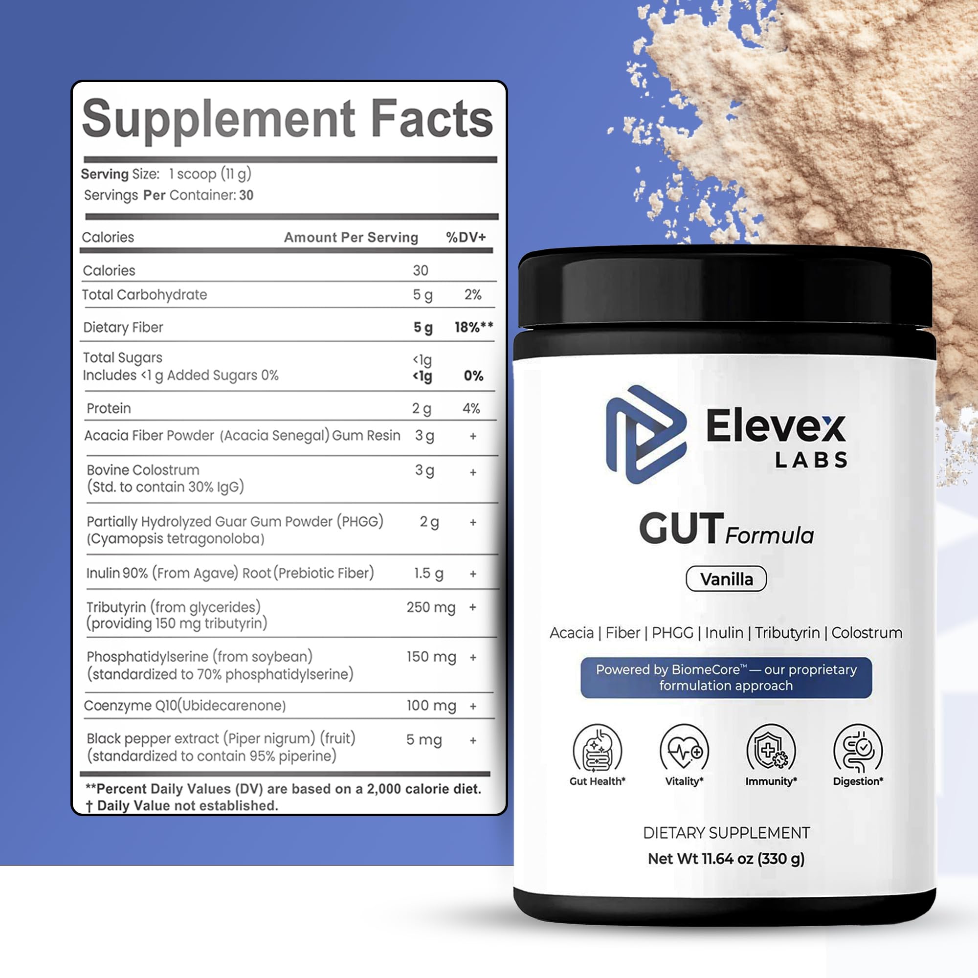 Prepared Elevex shake in a glass shows smooth texture.
