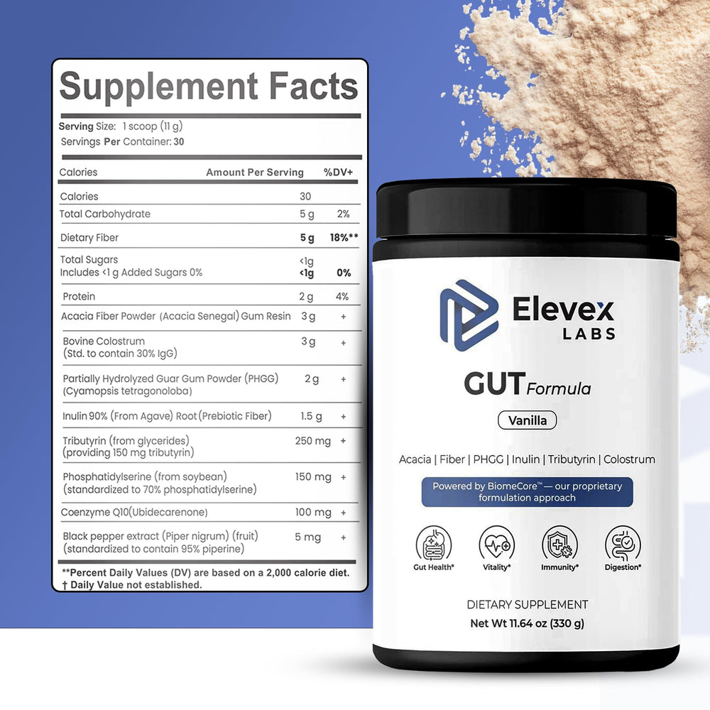 Prepared Elevex shake in a glass shows smooth texture.