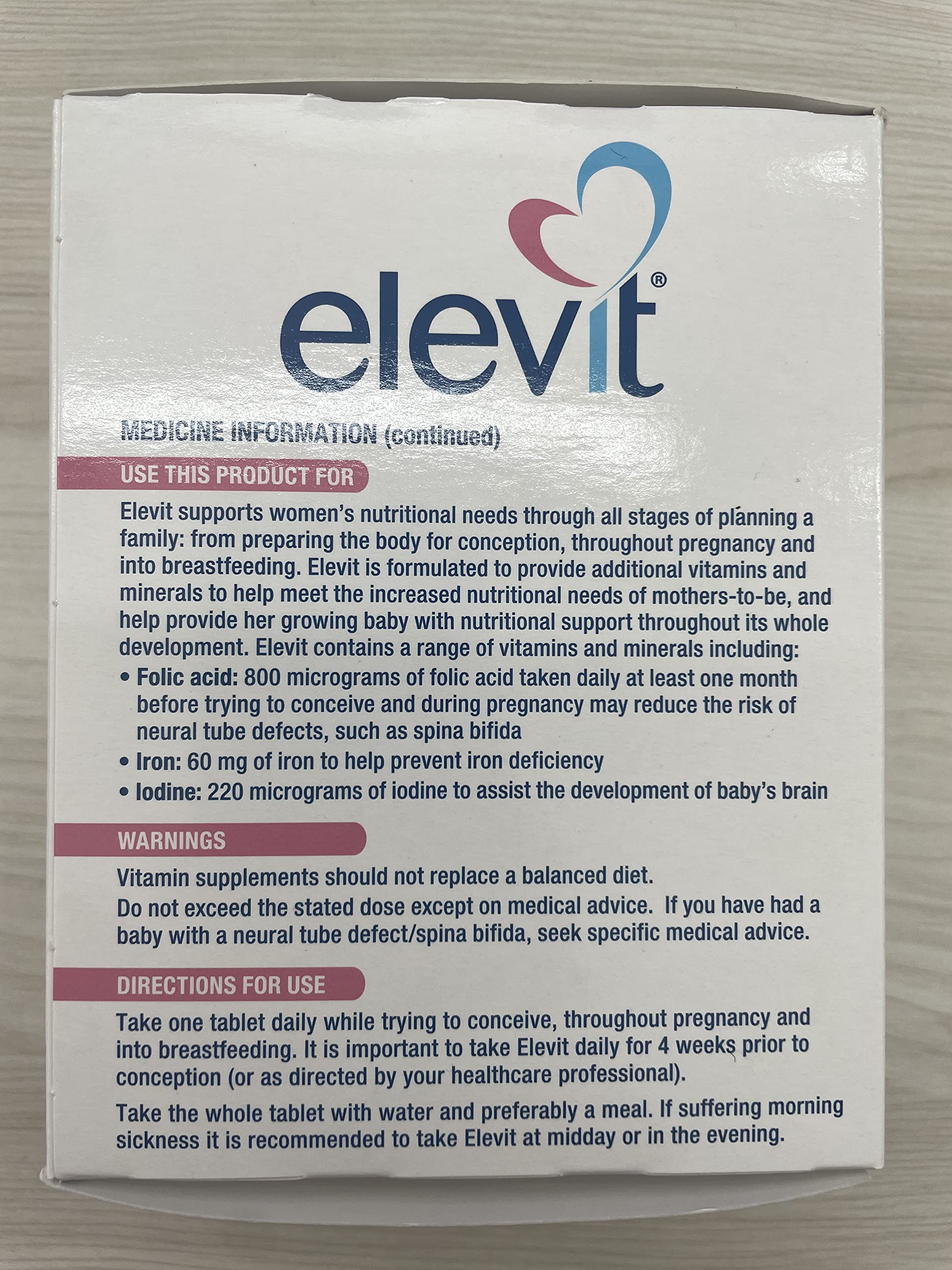ELEVIT pack with tablets shows clear nutrition information for planning.