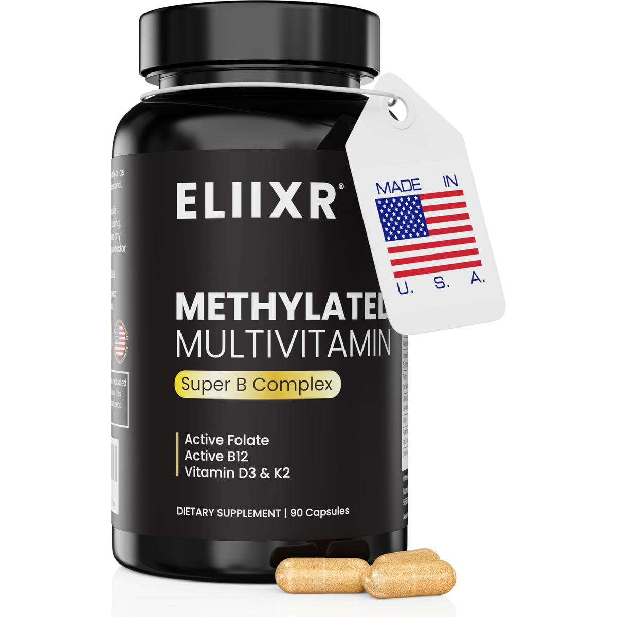 Eliixr Methylated Multivitamin bottle with capsules supports daily vitality for adults