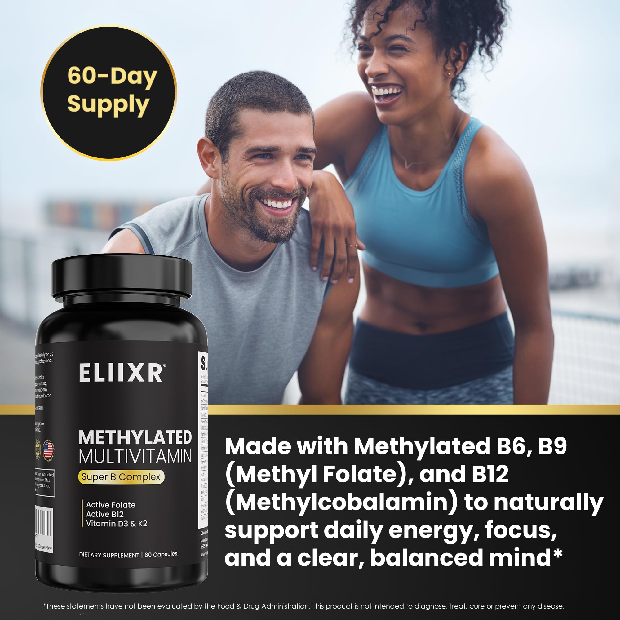 Eliixr Methylated Multivitamin label showing USA made quality