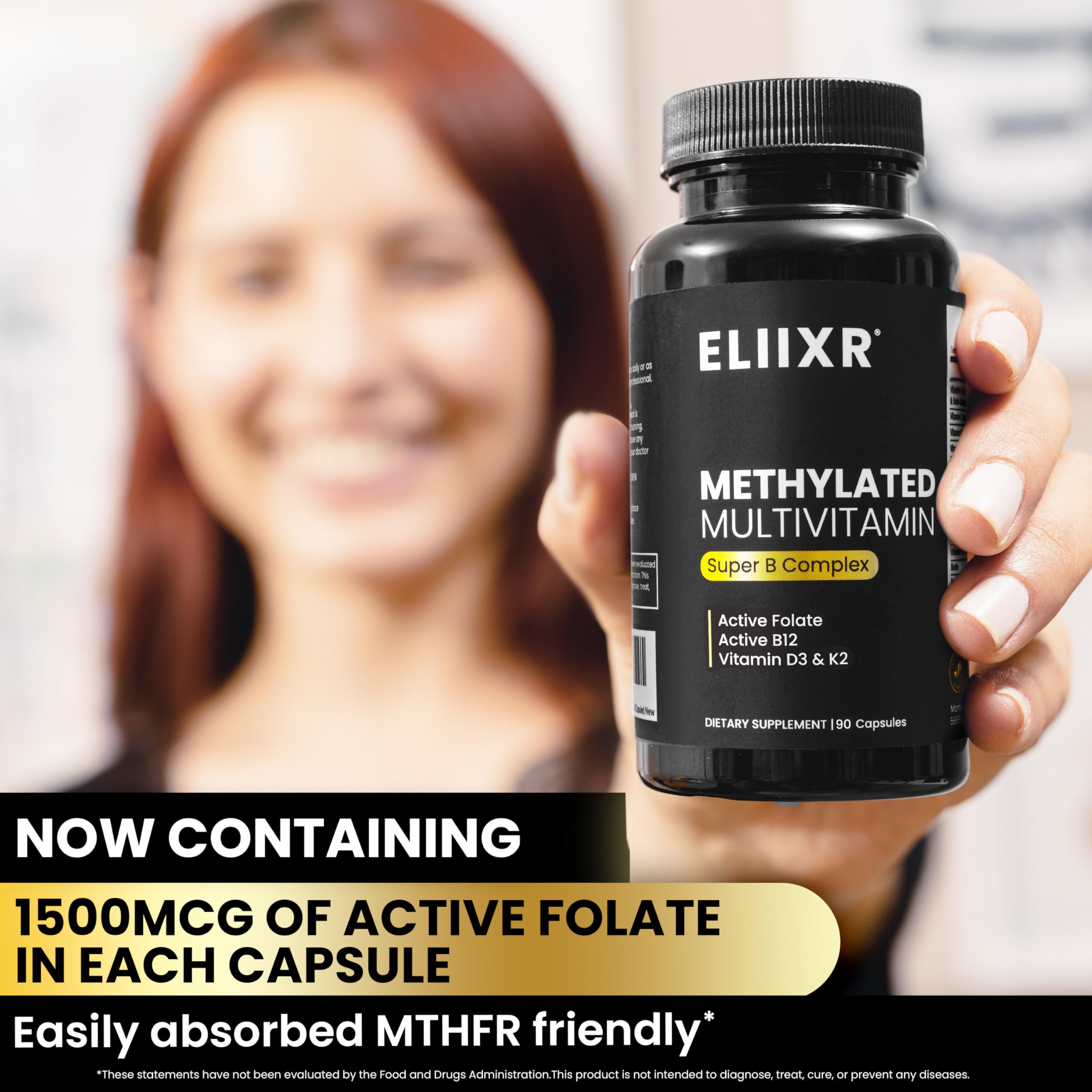 Label view of Eliixr methylated multivitamin showing active ingredients