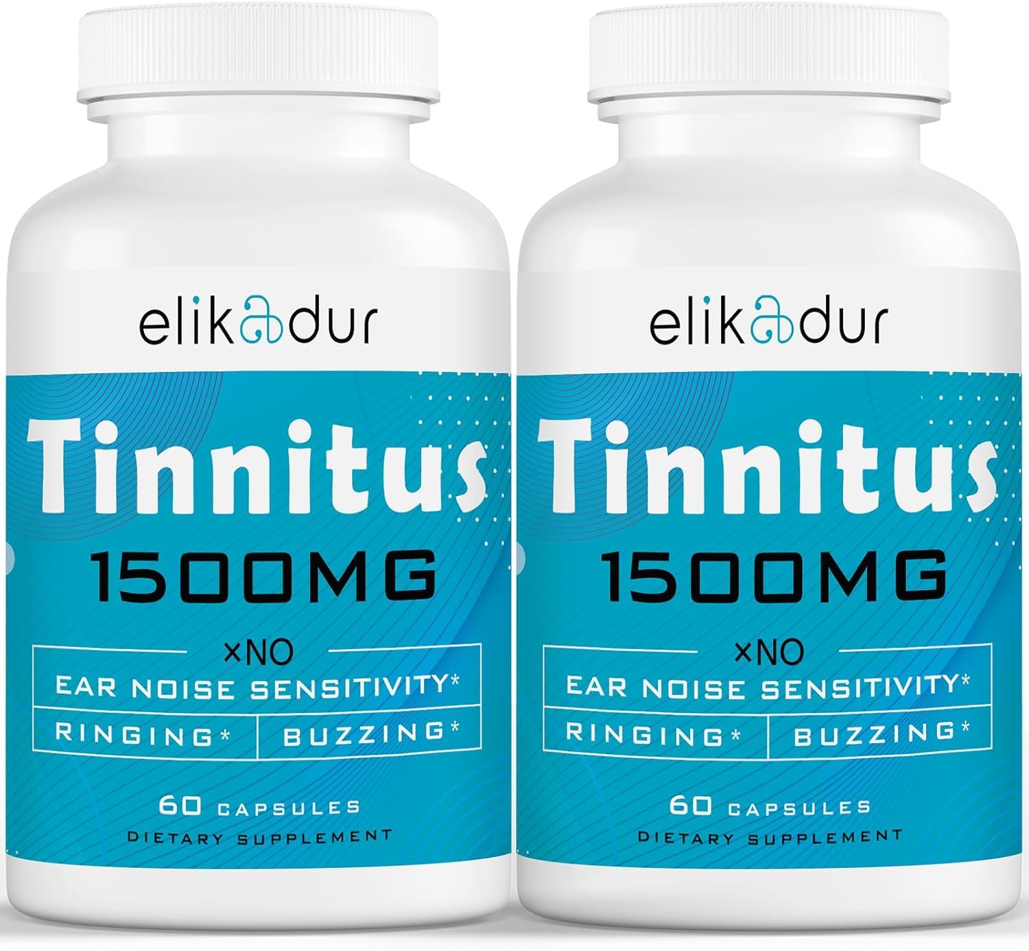 Elikadur 1500mg tinnitus capsules bottle shows strong ear health support for daily use.
