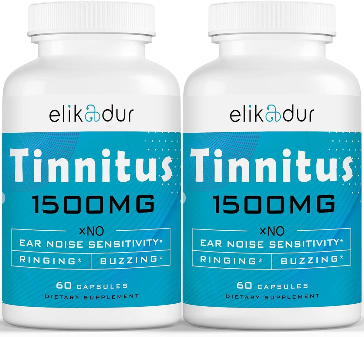 Elikadur 1500mg tinnitus capsules bottle shows strong ear health support for daily use.