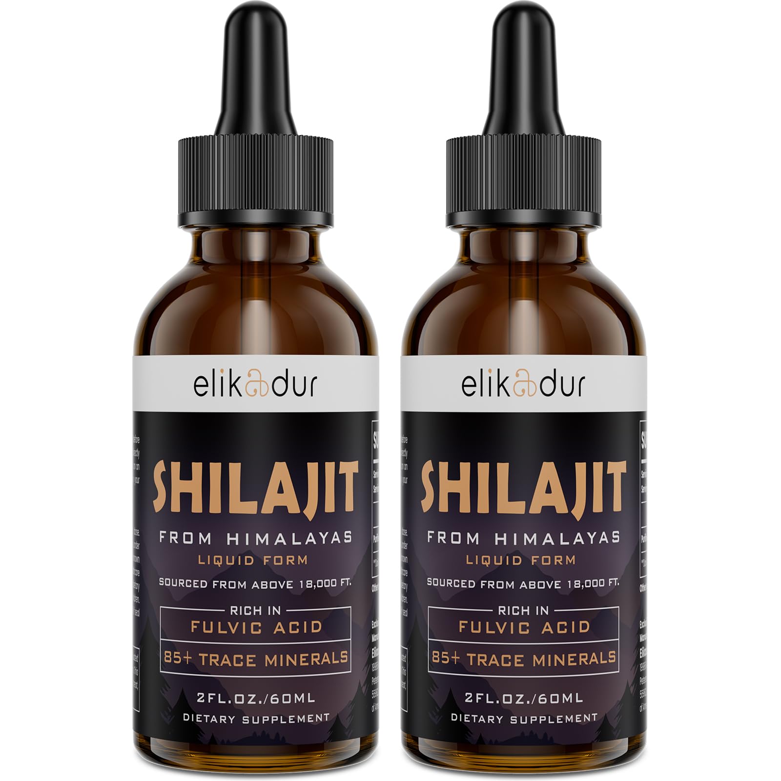 Elikadur Shilajit Drops bottle showing Himalayan origin and purity.