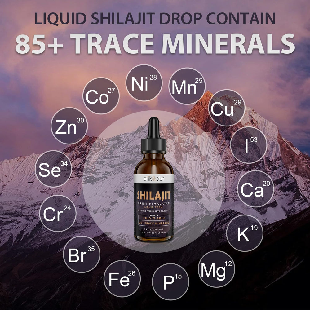 Elikadur Shilajit Drops packaging highlights organic Himalayan origin for clean supplementation.