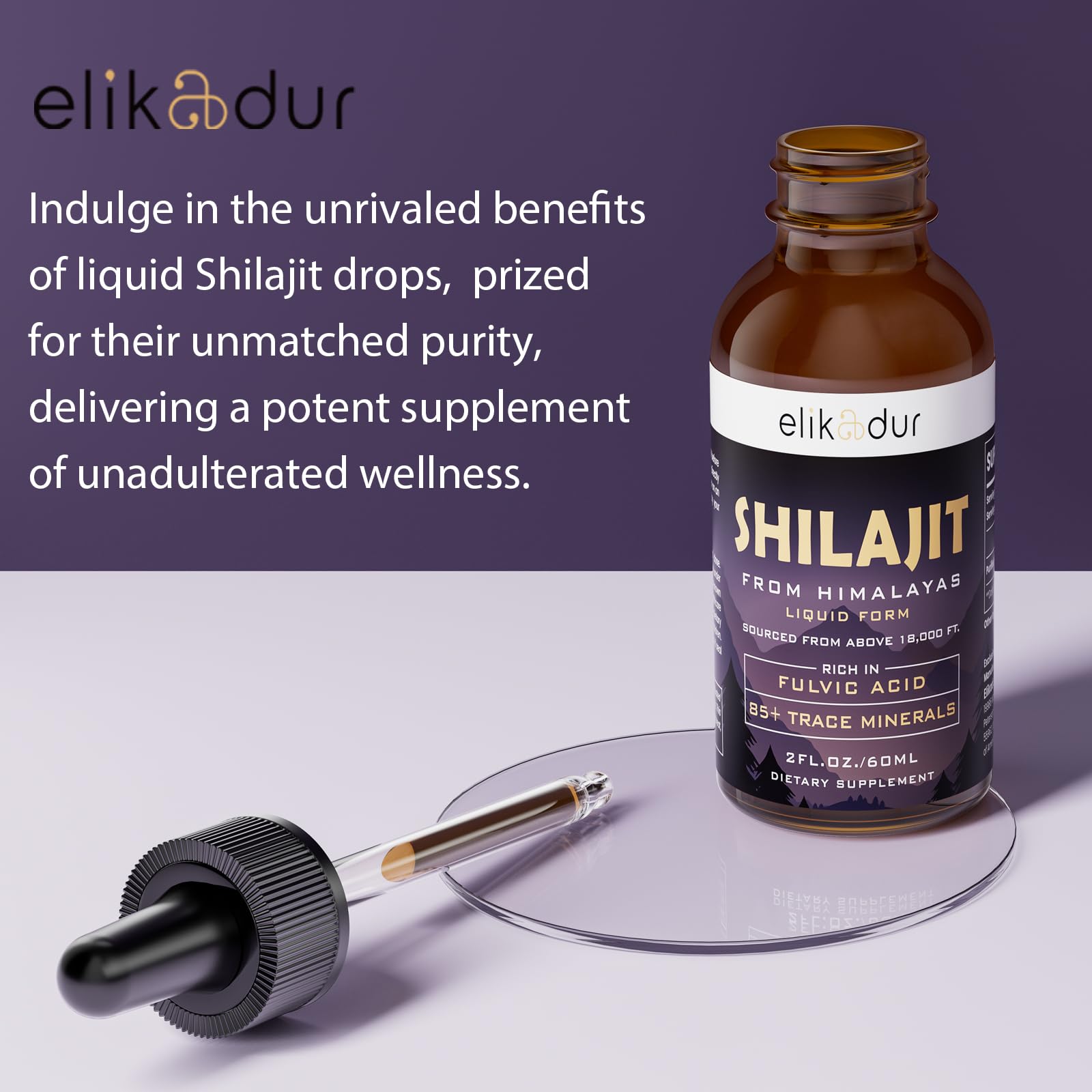 Vegan formulation label on Elikadur Shilajit Drops bottle.