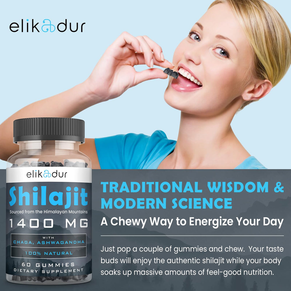 Elikadur Shilajit Gummies with chaga and ashwagandha blend for daily wellness.