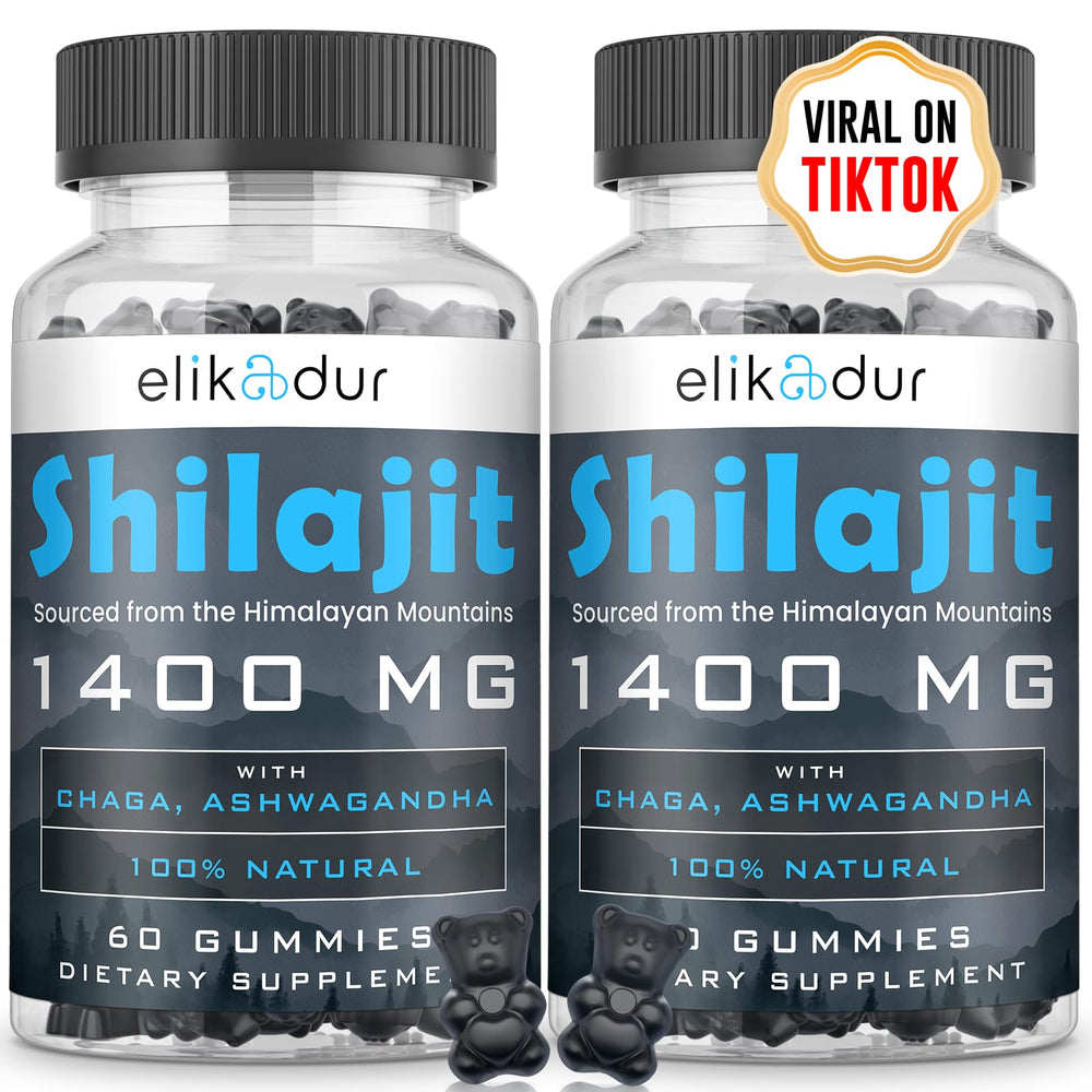 Elikadur Shilajit Gummies pack front for natural energy support, vegan friendly.