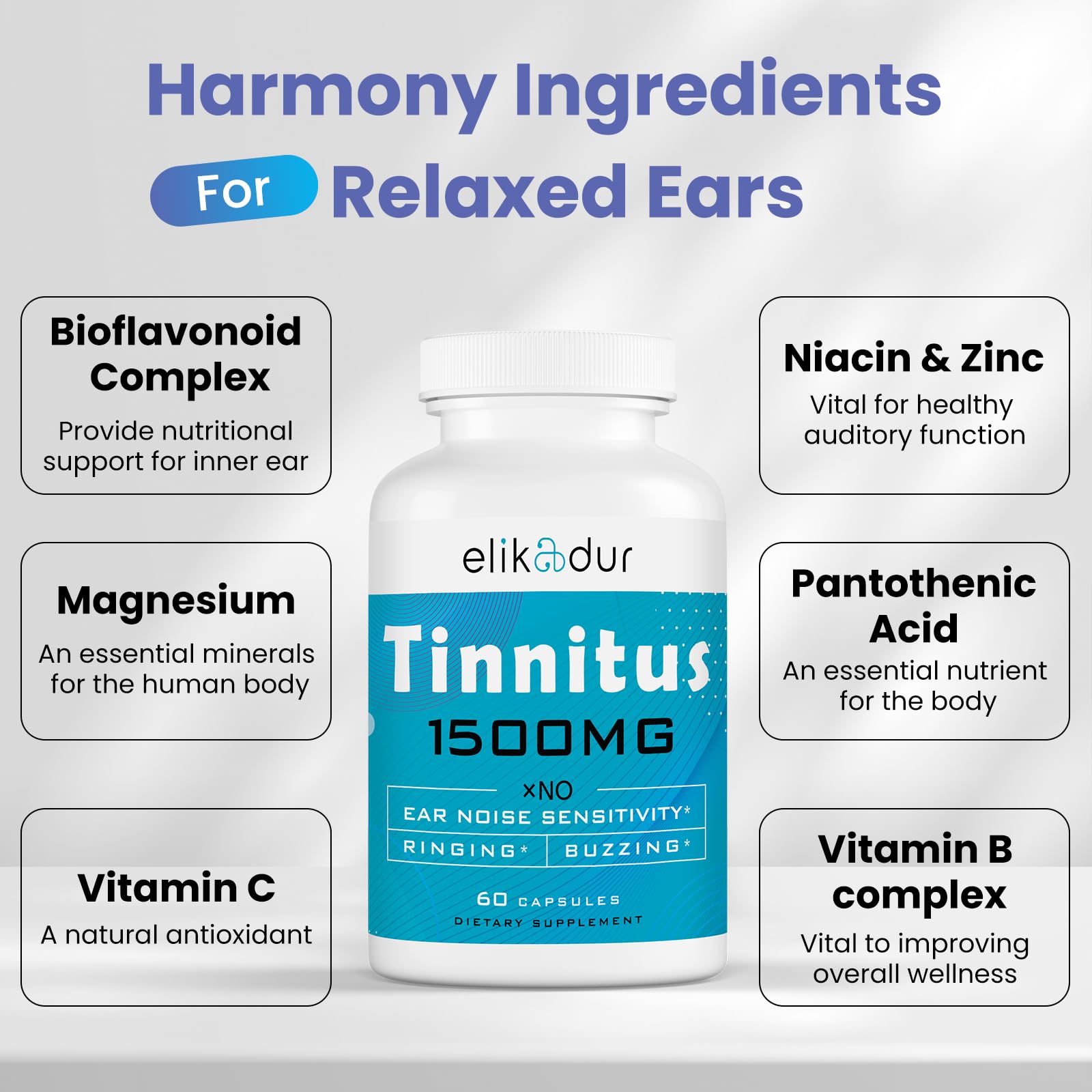 Elikadur soft-gel capsules arranged neatly portray gentle tinnitus support.
