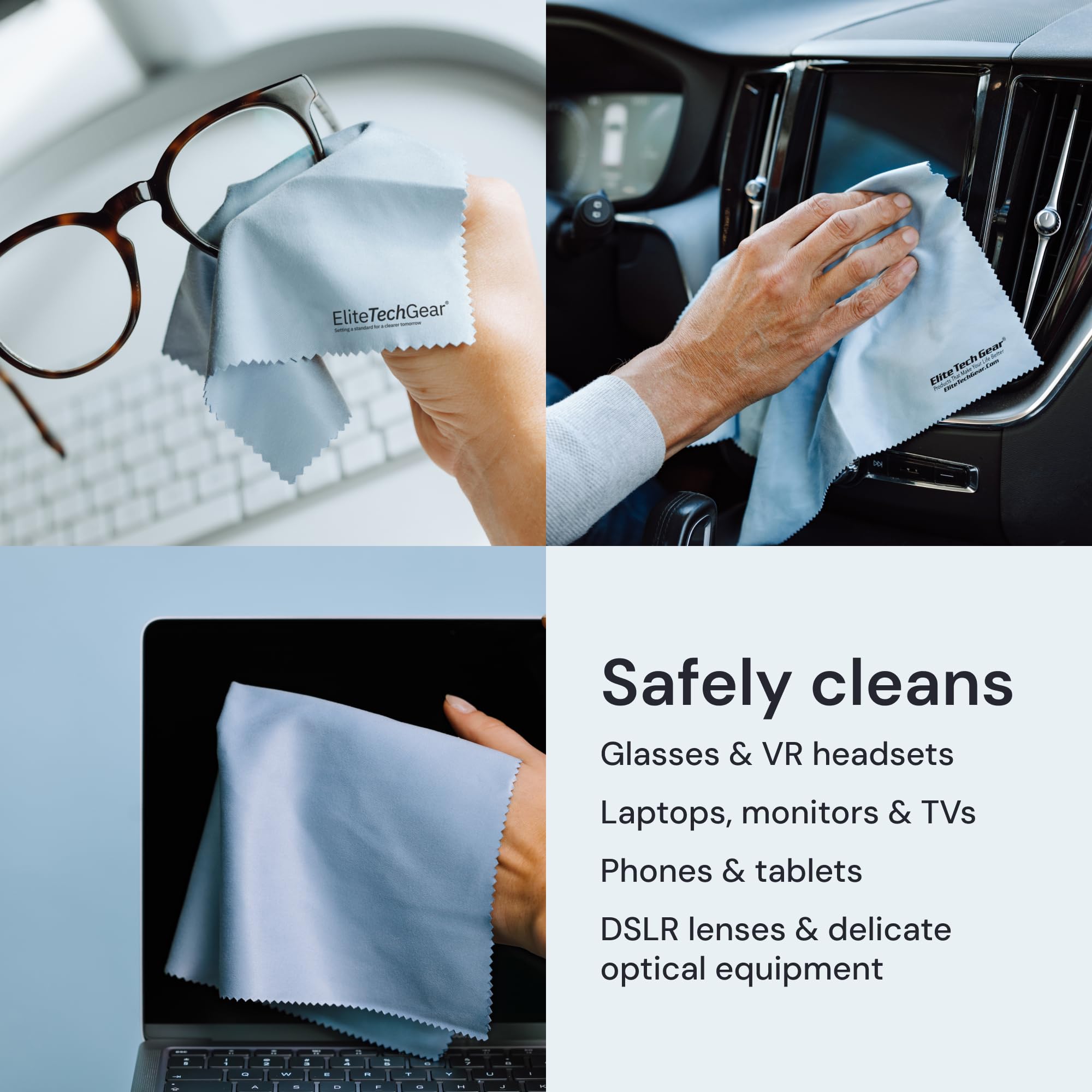 Elite Screens durable, quick-drying microfiber cloth supports repeated use on lenses and screens.