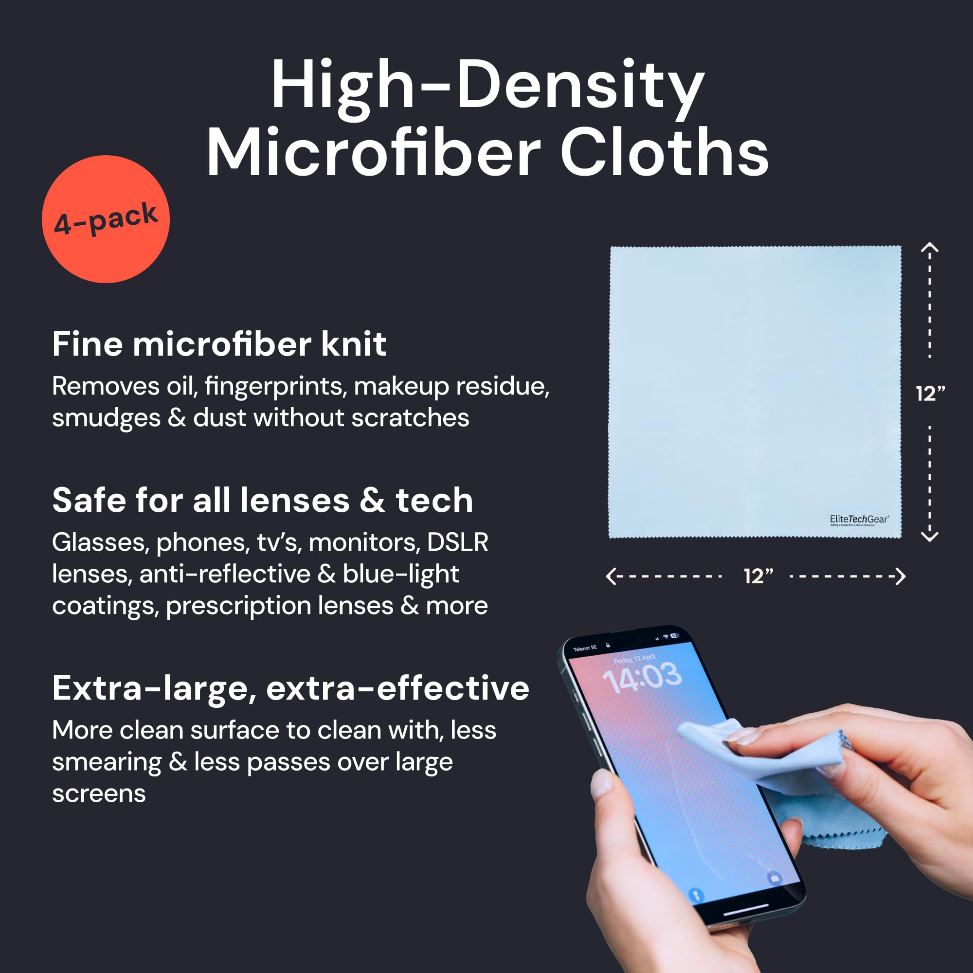Elite Screens microfiber cleaning cloth in action on eyeglasses to remove oils and fingerprints.