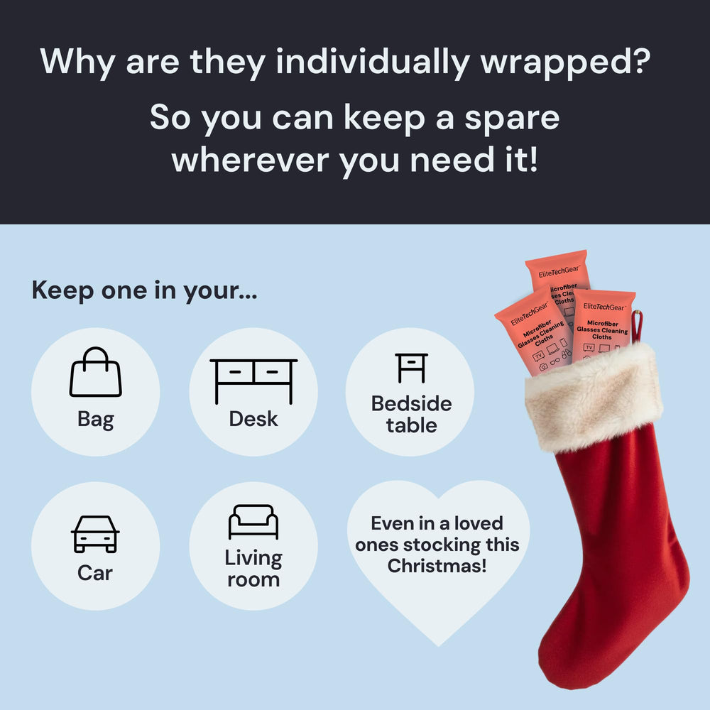 Elite Screens travel-ready microfiber cloth for on-the-go lens care.