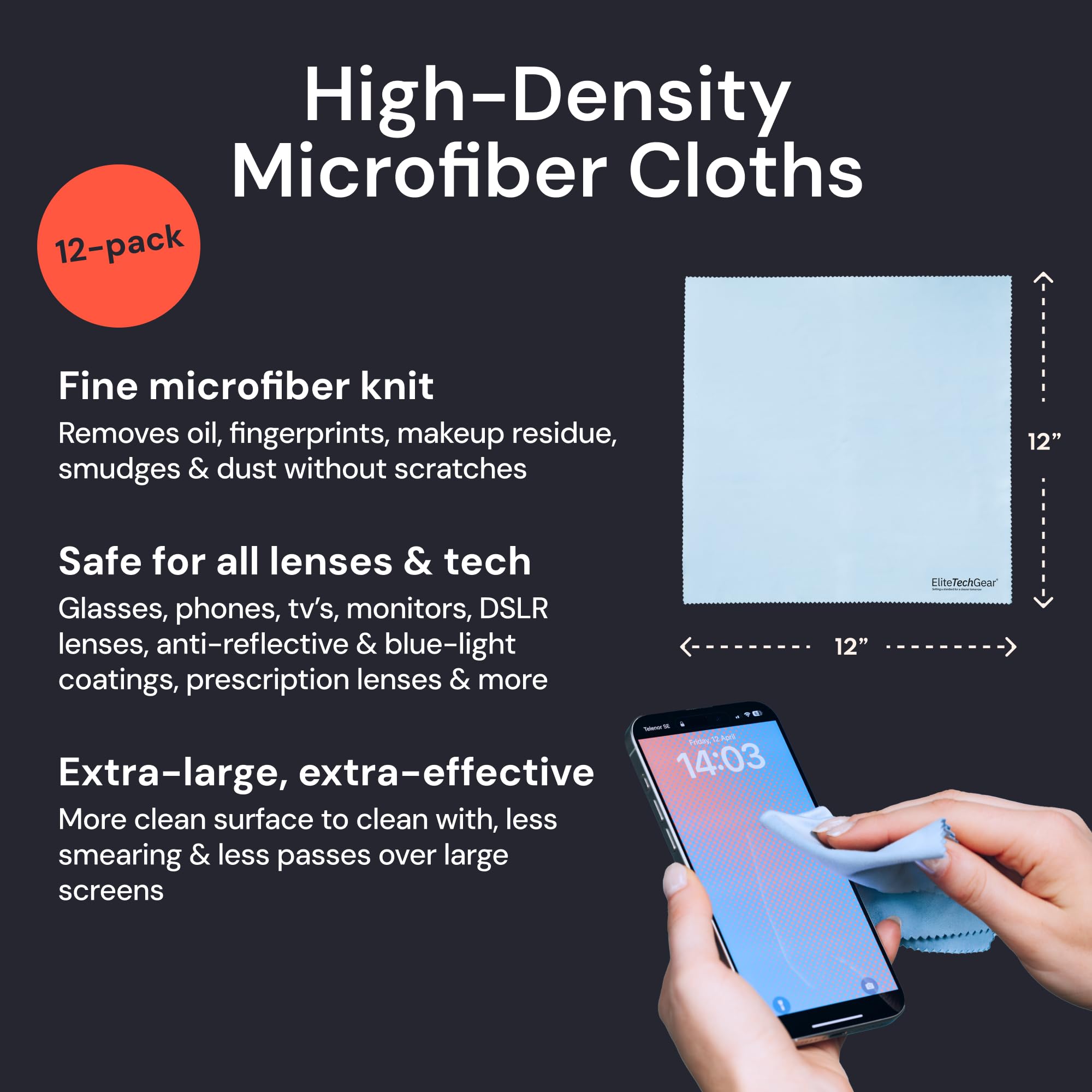 Blue Elite Tech Gear microfiber cloth close-up showing ultra-fine weave for lint-free cleaning.