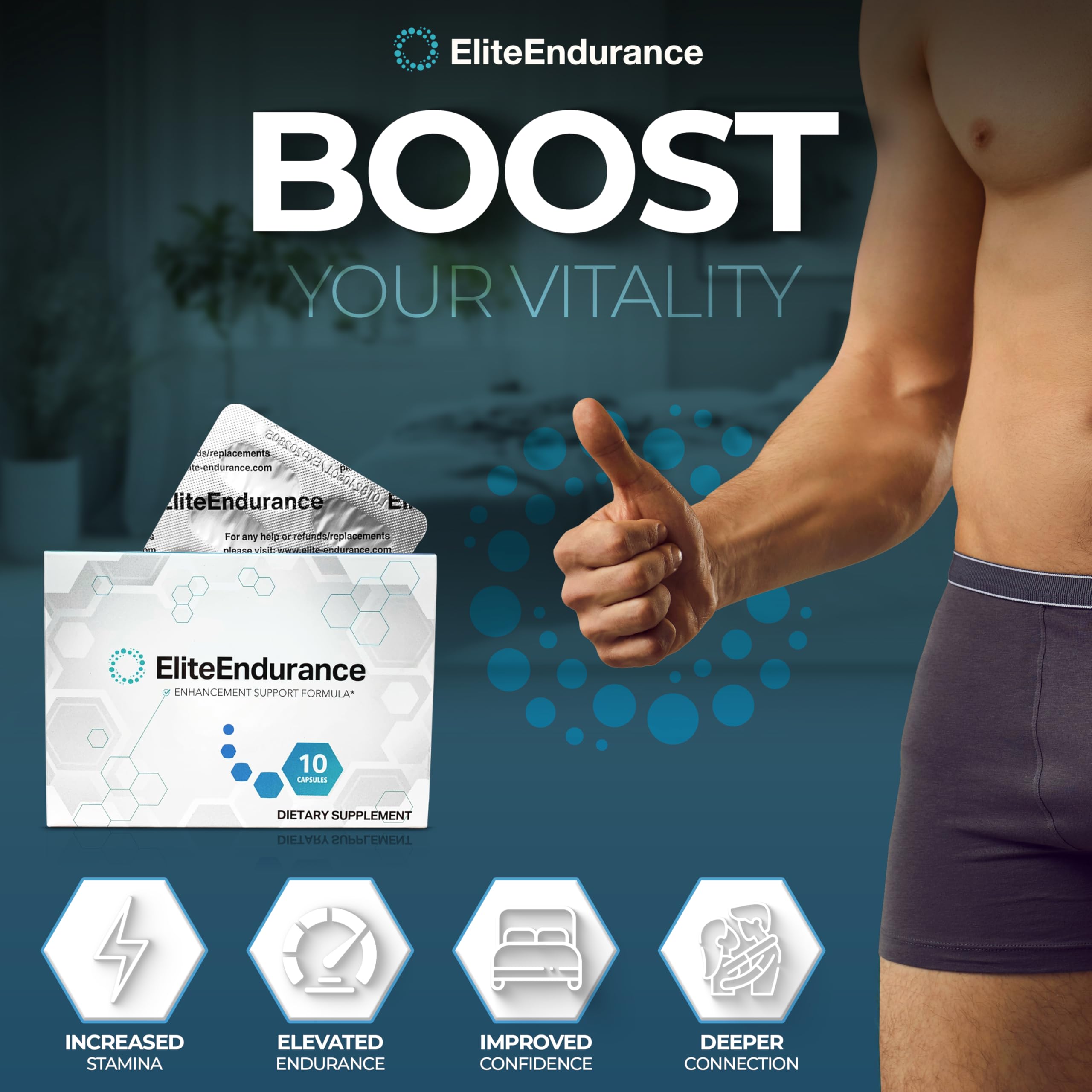 EliteEndurance bottle label highlights ingredients for vitality and endurance.