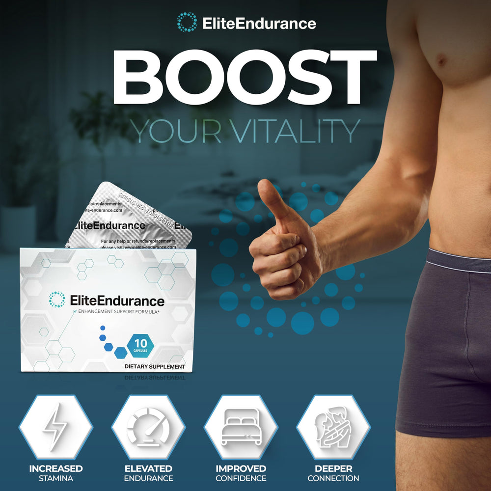 EliteEndurance bottle label highlights ingredients for vitality and endurance.