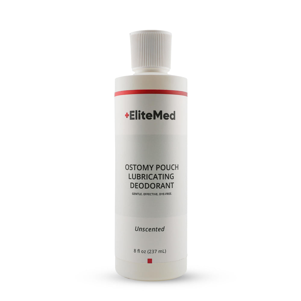 EliteMed ostomy pouch lubricating deodorant bottle pour provides odor control and easy emptying.