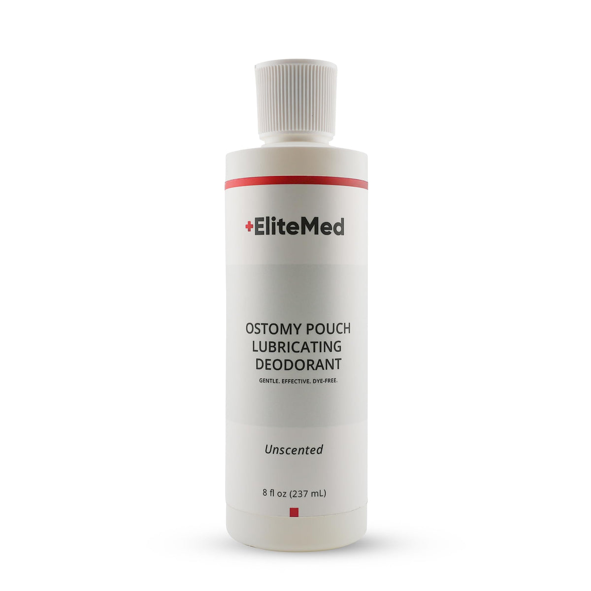 EliteMed ostomy pouch lubricating deodorant bottle pour provides odor control and easy emptying.