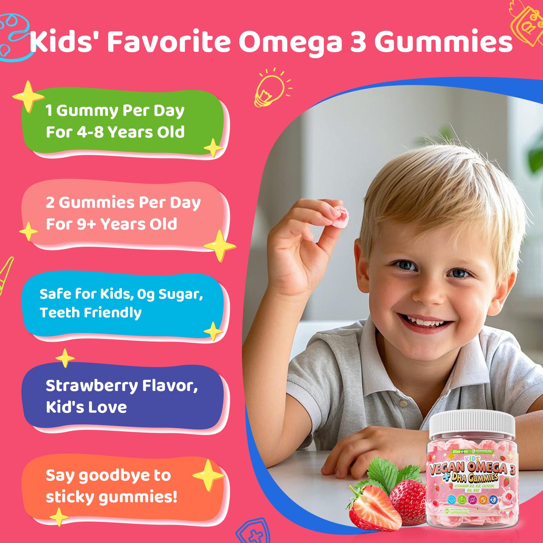 ELLAMENTZ gummies containing D3, K2, and C supporting bones and immunity.