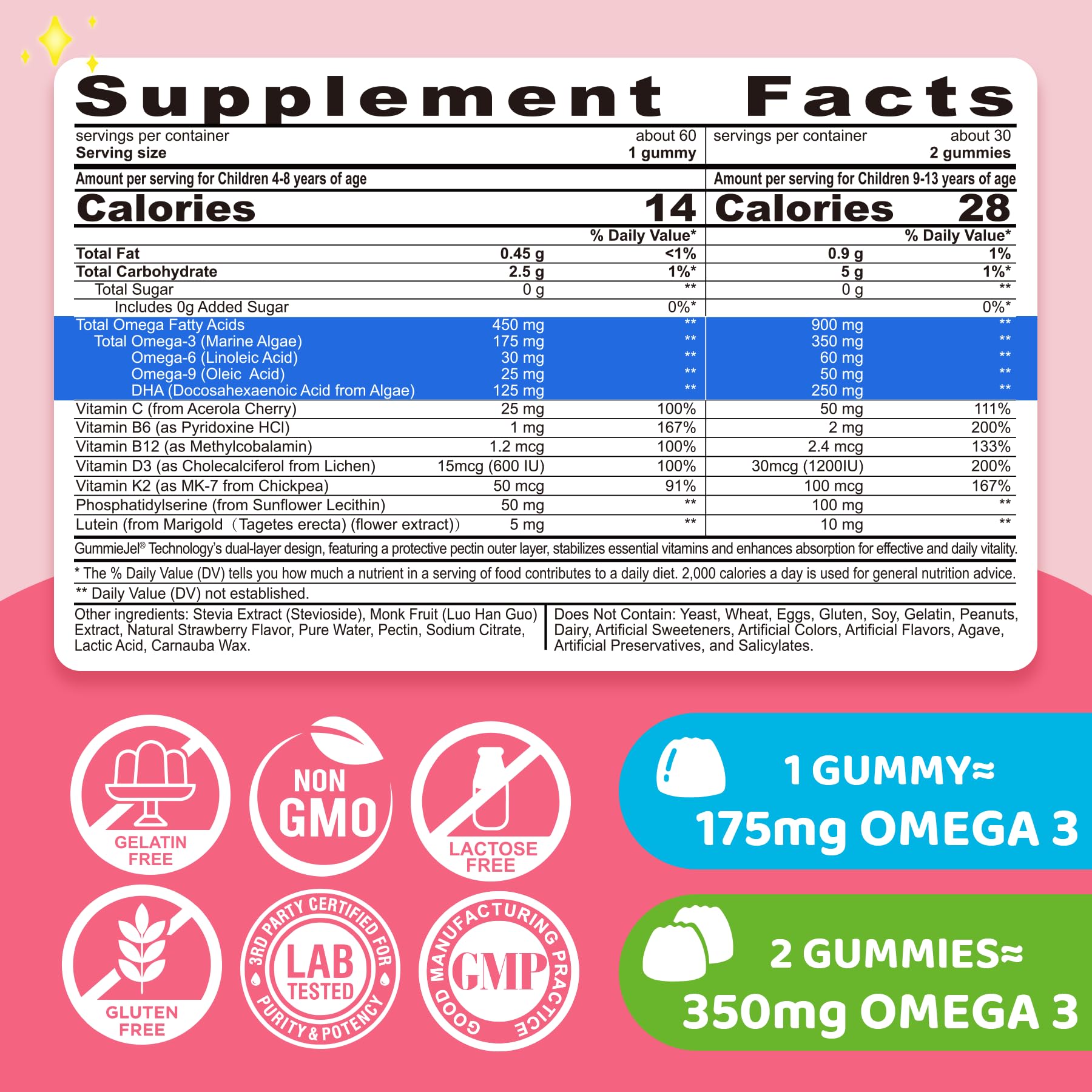ELLAMENTZ Kids Omega-3 liquid center detail highlighting strawberry flavor and purity.