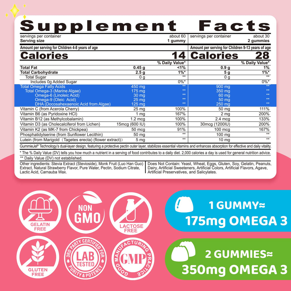 ELLAMENTZ Kids Omega-3 liquid center detail highlighting strawberry flavor and purity.