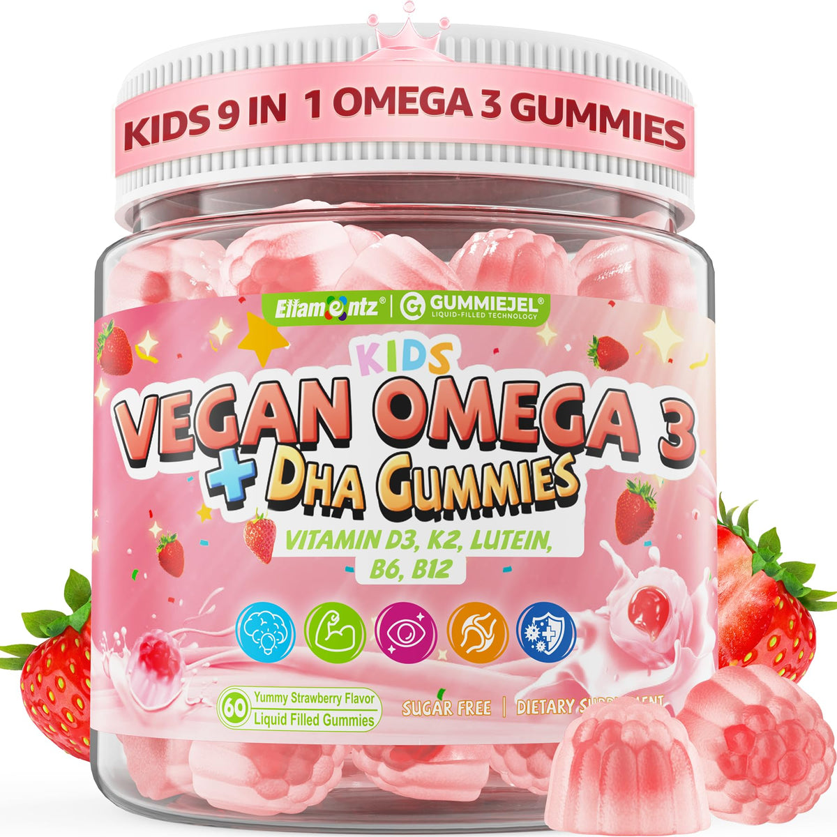 ELLAMENTZ Kids Omega-3 outer-shell gummies with strawberry center for easy daily nutrition.